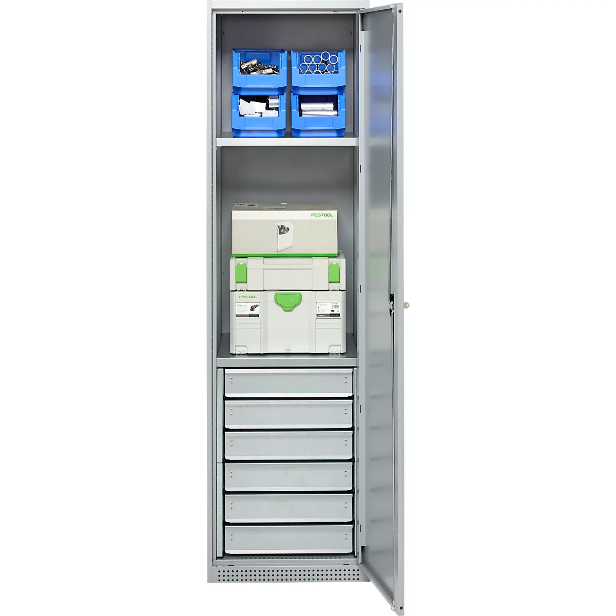 Schäfer Shop Armoire à matériel Genius FS, 5 HC, verrouillable, 2 tablettes/6 tiroirs, jusqu'à 250 kg, L 545 x P 520 x H 1950 mm, acier, alu blanc/alu blanc
