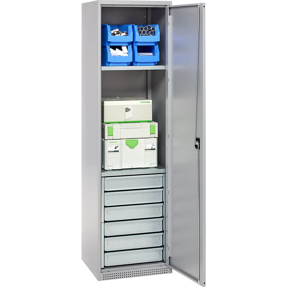 Schäfer Shop Armoire à matériel Genius FS, 5 HC, verrouillable, 2 tablettes/6 tiroirs, jusqu'à 250 kg, L 545 x P 520 x H 1950 mm, acier, alu blanc/alu blanc