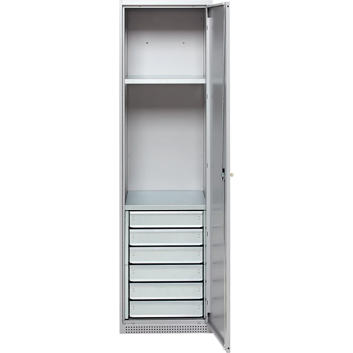 Schäfer Shop Armoire à matériel Genius FS, 5 HC, verrouillable, 2 tablettes/6 tiroirs, jusqu'à 250 kg, L 545 x P 520 x H 1950 mm, acier, alu blanc/alu blanc
