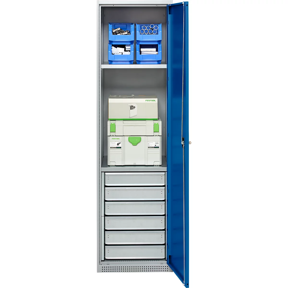 Schäfer Shop Armoire à matériel Genius FS, 5 HC, verrouillable, 2 tablettes/6 tiroirs, jusqu'à 250 kg, L 545 x P 520 x H 1950 mm, acier, alu blanc/bleu gentiane