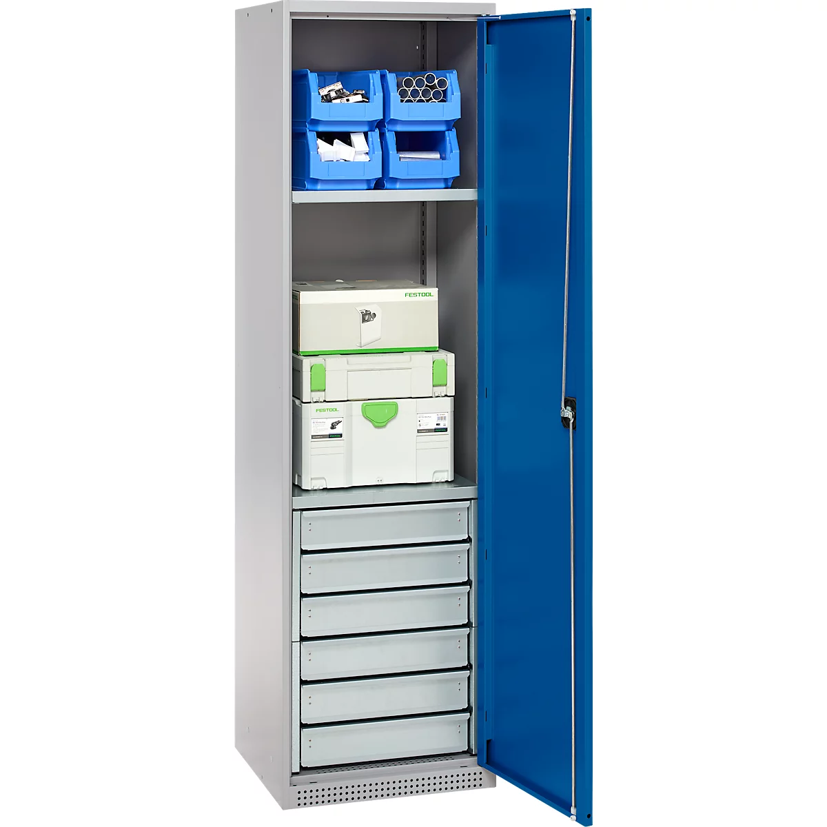 Schäfer Shop Armoire à matériel Genius FS, 5 HC, verrouillable, 2 tablettes/6 tiroirs, jusqu'à 250 kg, L 545 x P 520 x H 1950 mm, acier, alu blanc/bleu gentiane