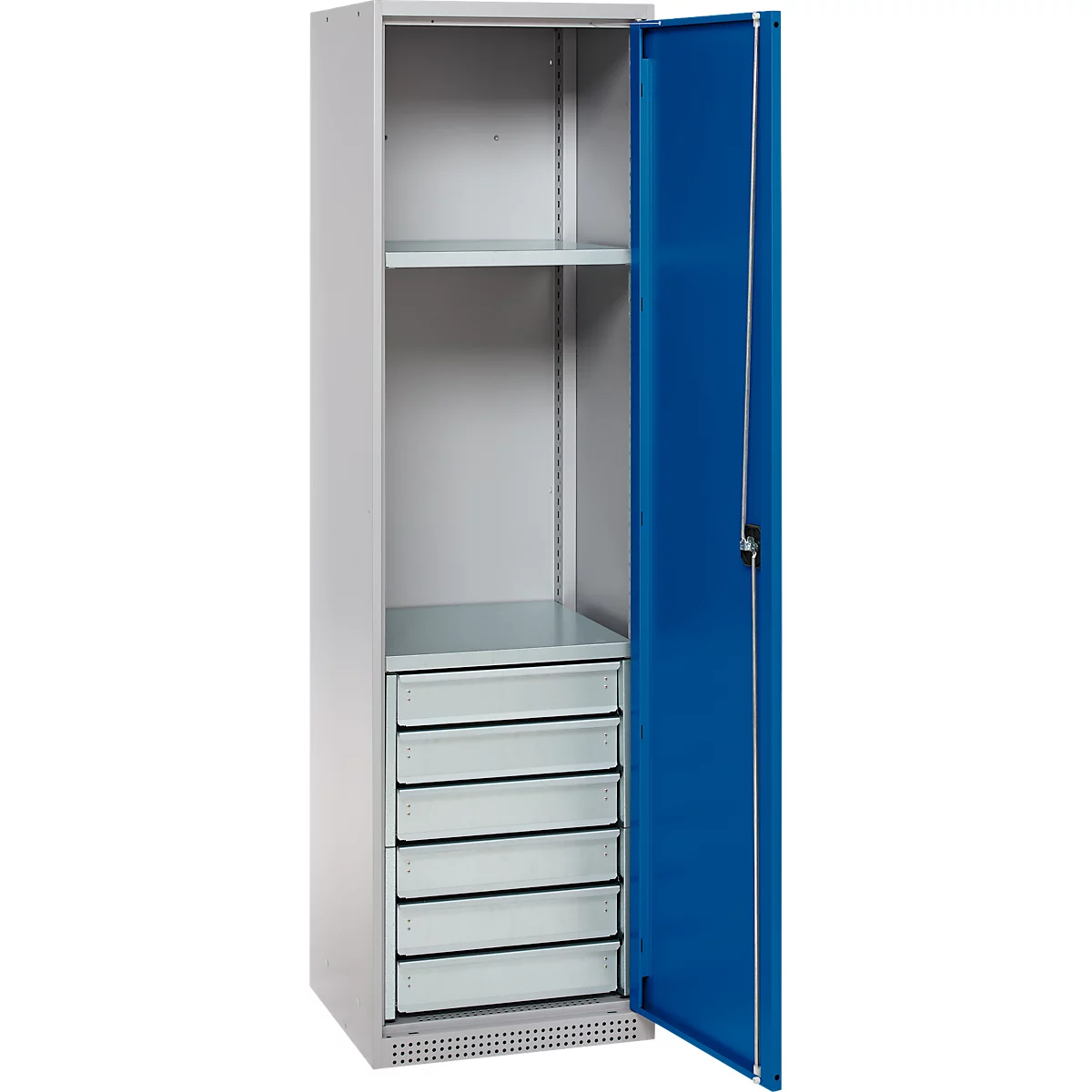 Schäfer Shop Armoire à matériel Genius FS, 5 HC, verrouillable, 2 tablettes/6 tiroirs, jusqu'à 250 kg, L 545 x P 520 x H 1950 mm, acier, alu blanc/bleu gentiane