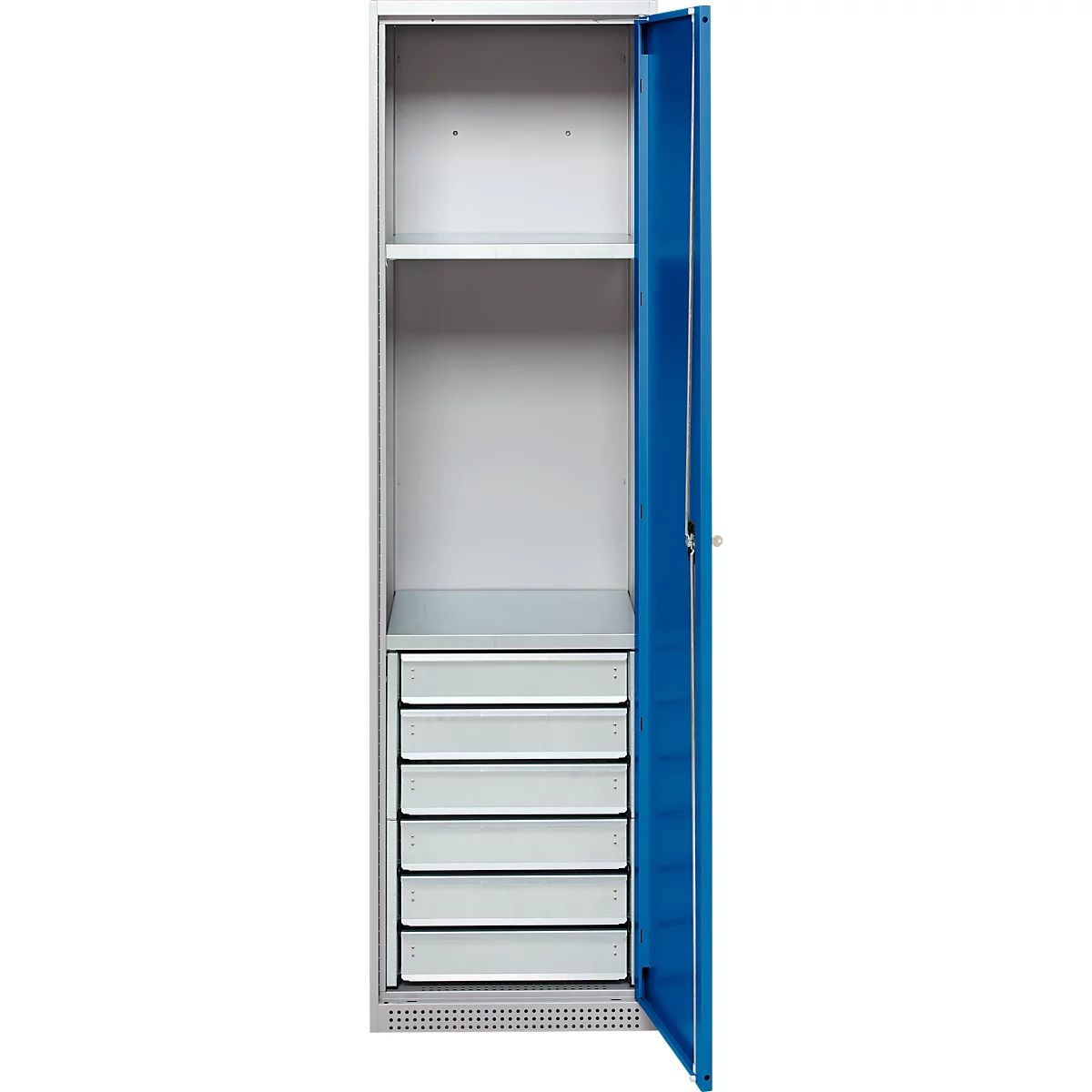 Schäfer Shop Armoire à matériel Genius FS, 5 HC, verrouillable, 2 tablettes/6 tiroirs, jusqu'à 250 kg, L 545 x P 520 x H 1950 mm, acier, alu blanc/bleu gentiane