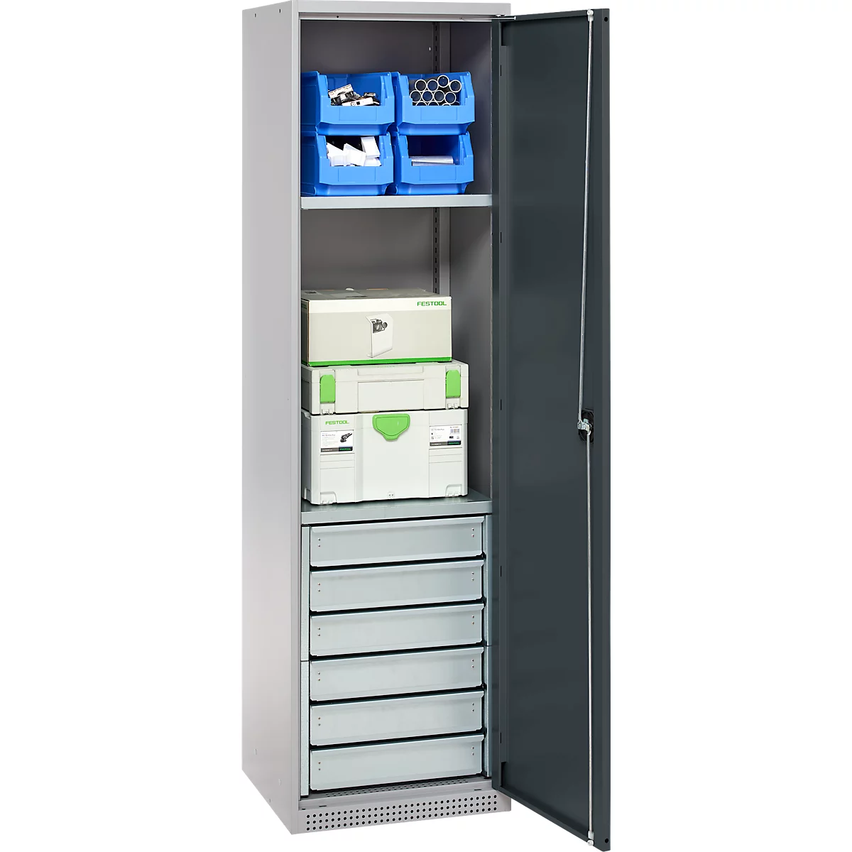Schäfer Shop Armoire à matériel Genius FS, 5 HC, verrouillable, 2 tablettes/6 tiroirs, jusqu'à 250 kg, L 545 x P 520 x H 1950 mm, acier, alu blanc/gris anthracite