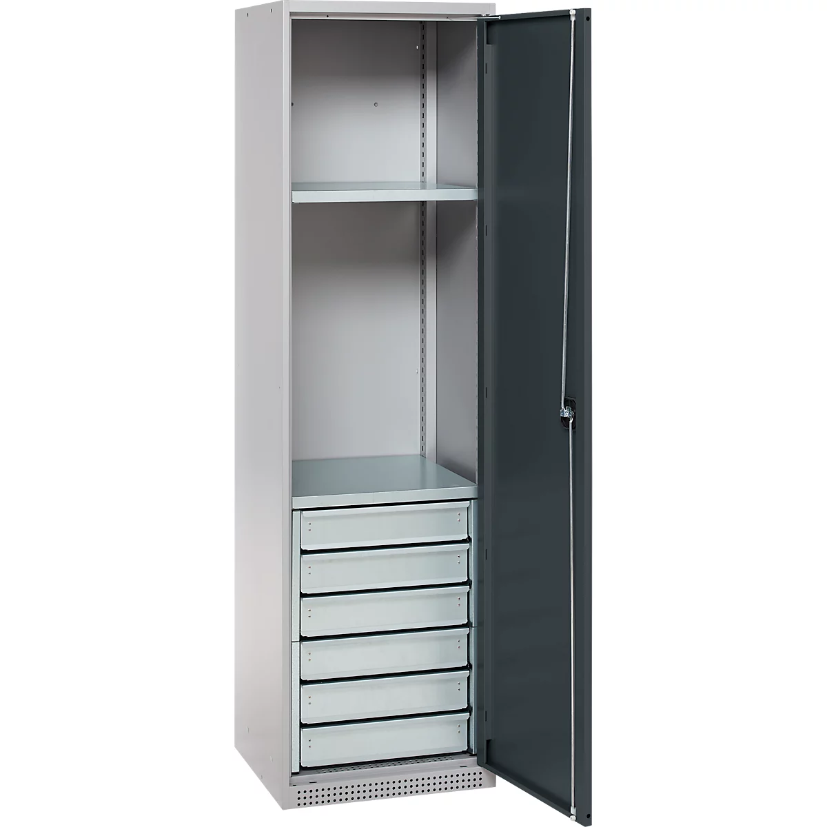 Schäfer Shop Armoire à matériel Genius FS, 5 HC, verrouillable, 2 tablettes/6 tiroirs, jusqu'à 250 kg, L 545 x P 520 x H 1950 mm, acier, alu blanc/gris anthracite