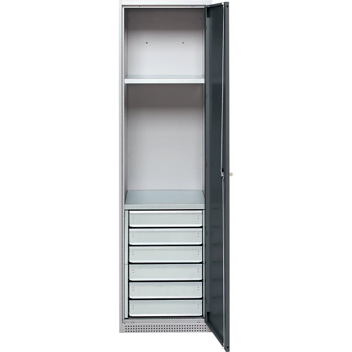 Schäfer Shop Armoire à matériel Genius FS, 5 HC, verrouillable, 2 tablettes/6 tiroirs, jusqu'à 250 kg, L 545 x P 520 x H 1950 mm, acier, alu blanc/gris anthracite