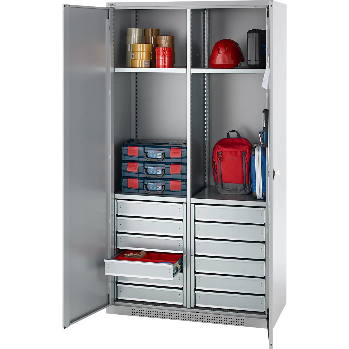 Schäfer Shop Armoire à matériel Genius FS, 5 HC, verrouillable, 4 tablettes/12 tiroirs, jusqu'à 450 kg, L 1055 x P 520 x H 1950 mm, acier, alu blanc/alu blanc