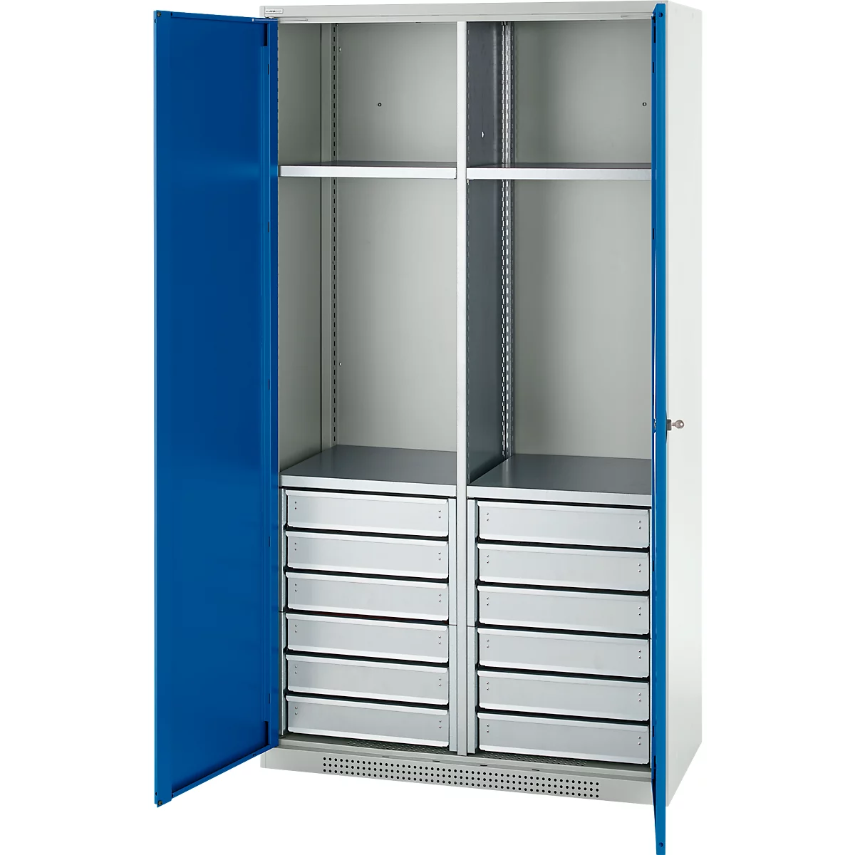 Schäfer Shop Armoire à matériel Genius FS, 5 HC, verrouillable, 4 tablettes/12 tiroirs, jusqu'à 450 kg, L 1055 x P 520 x H 1950 mm, acier, gris clair/bleu gentiane