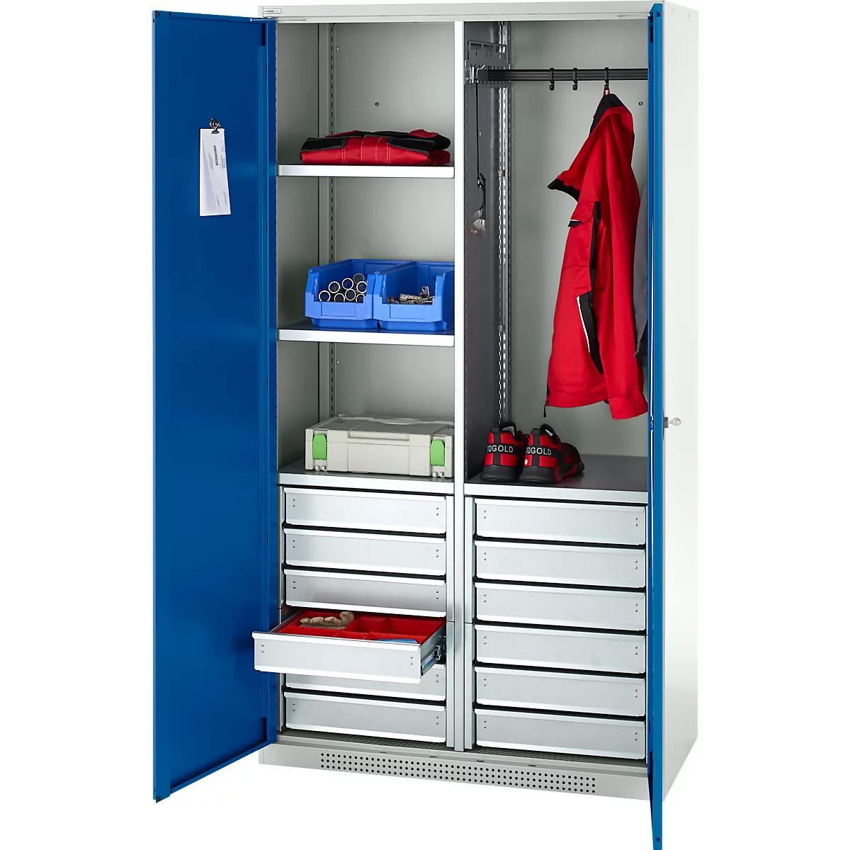 Schäfer Shop Armoire à matériel Genius FS, 5 HC, verrouillable, 4 tablettes/12 tiroirs, jusqu'à 450 kg, L 1055 x P 520 x H 1950 mm, acier, gris clair/bleu gentiane