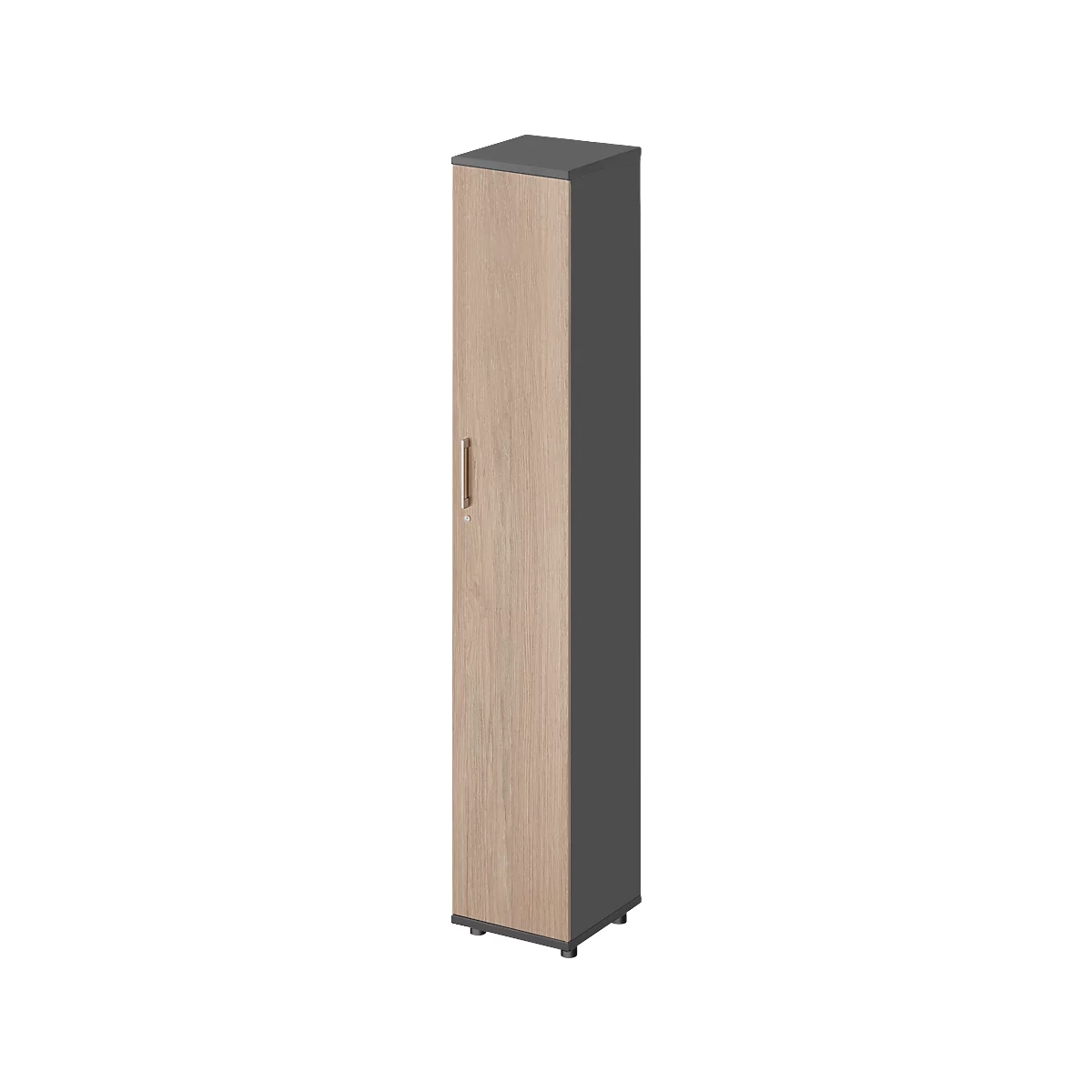 Une armoire haute et étroite avec une façade aspect bois, un dessus et un côté gris, et une petite poignée.