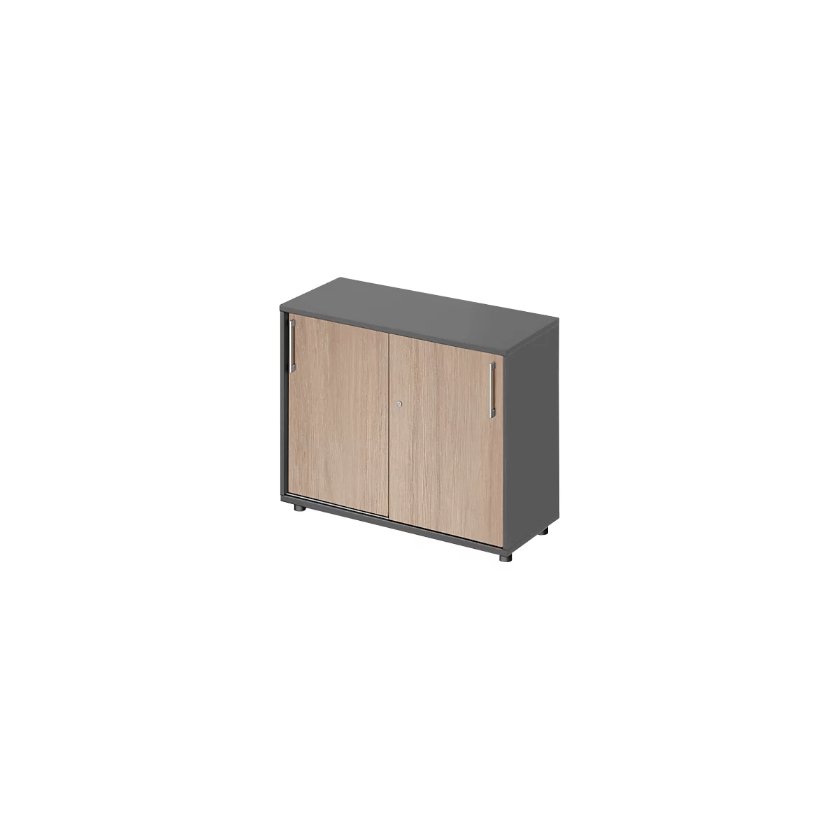 Armoire grise avec portes et poignées en placage de bois. Les portes sont fermées. Les pieds sont petits et ronds.