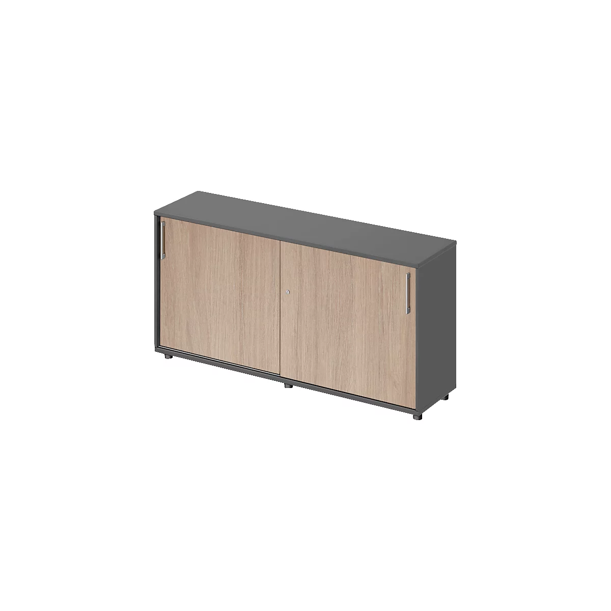 Armoire grise avec portes en bois. Deux portes coulissantes, poignées argentées et petit trou de serrure. Combinaison gris-bois.