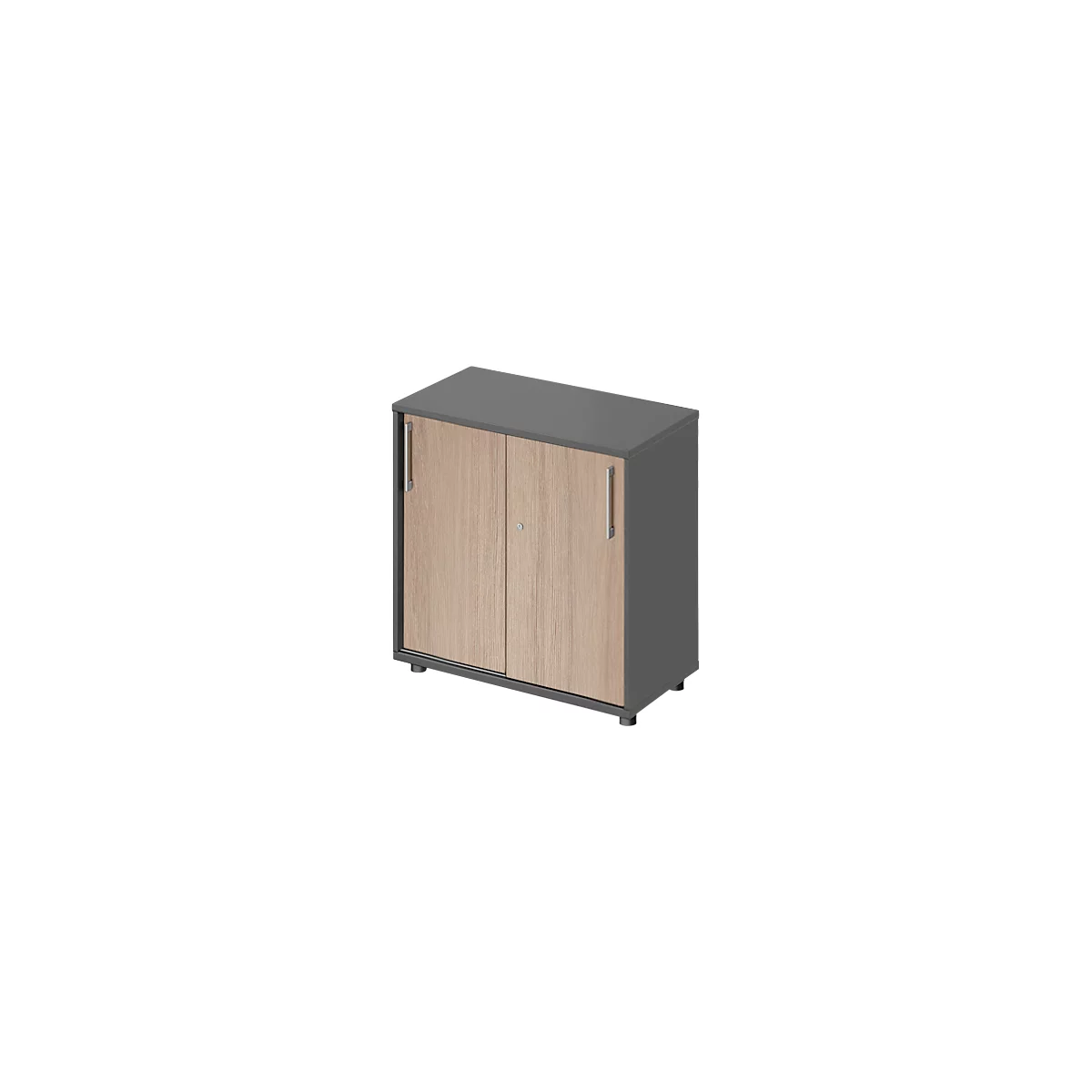 Un meuble gris avec des portes en bois, des poignées et des pieds en métal.