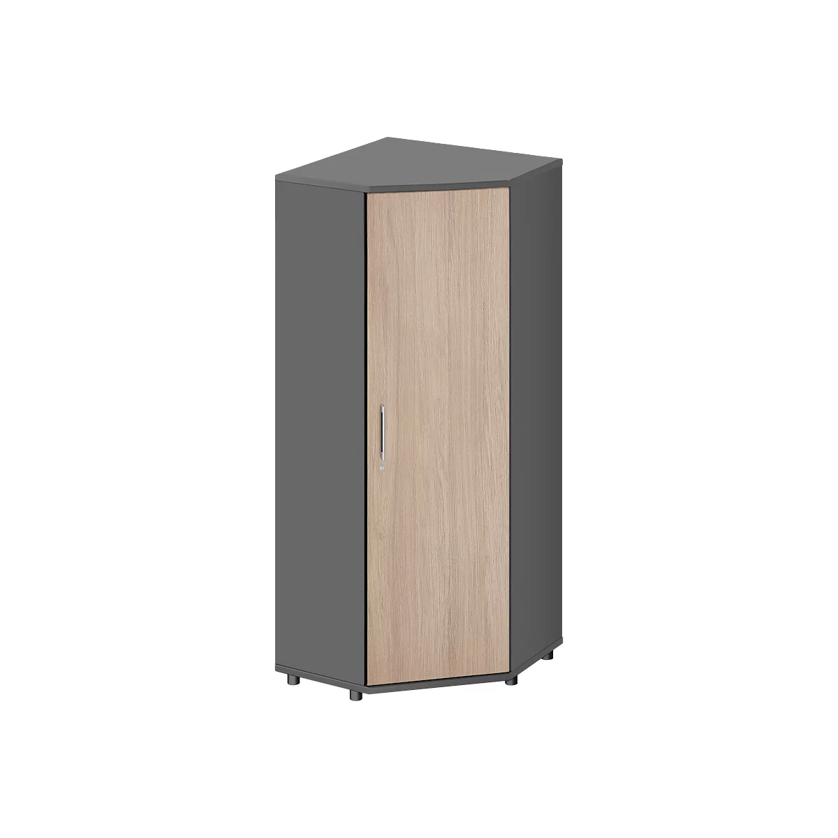 Armoire d'angle avec une porte en bois et un corps gris. L'armoire repose sur de petits pieds.