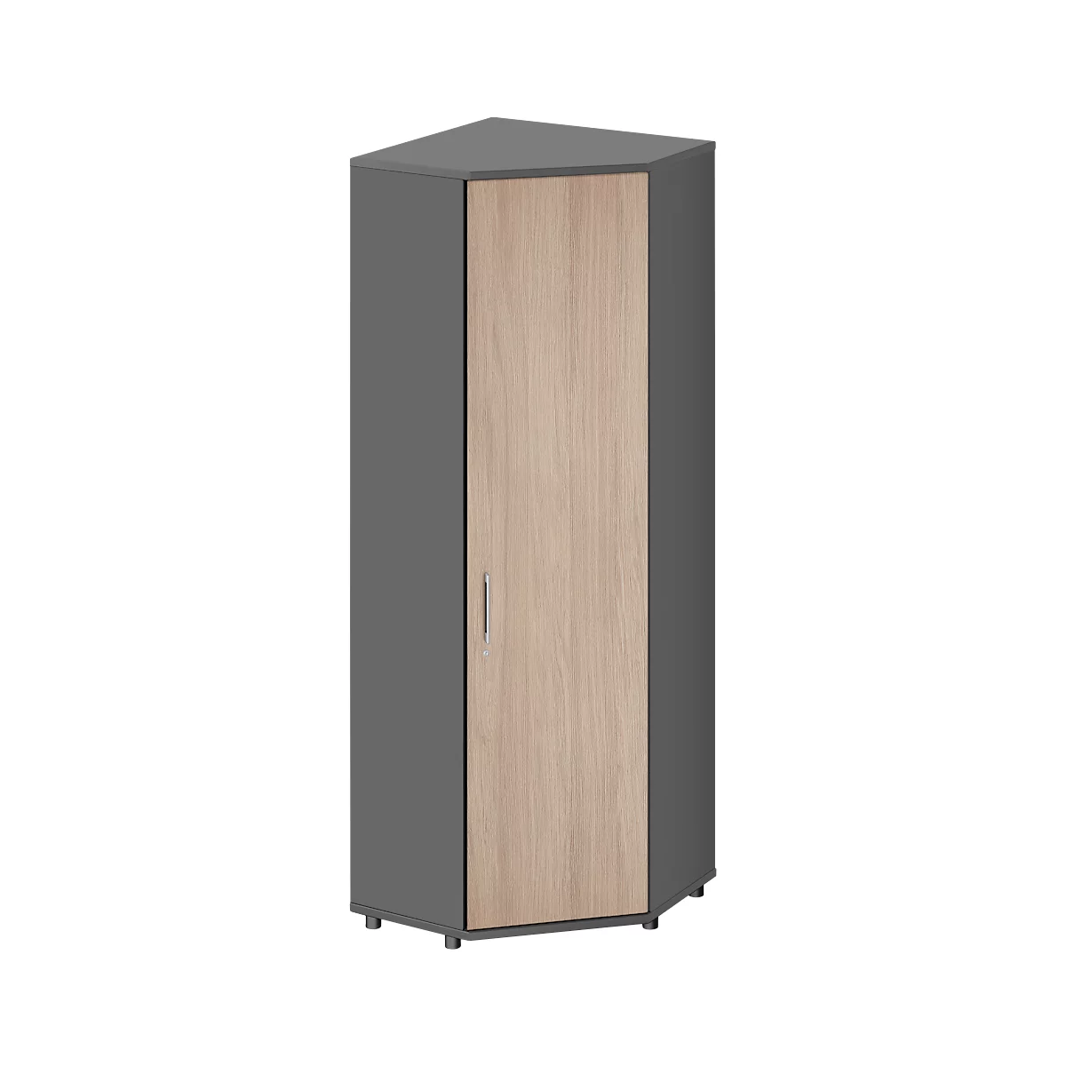 Armoire d'angle avec côtés anthracite et porte aspect bois clair.