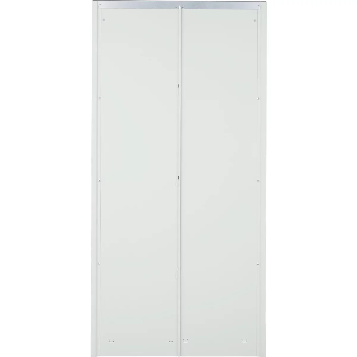 Double porte en matériau blanc, cadre métallique. La porte est fermée et la structure est clairement visible.