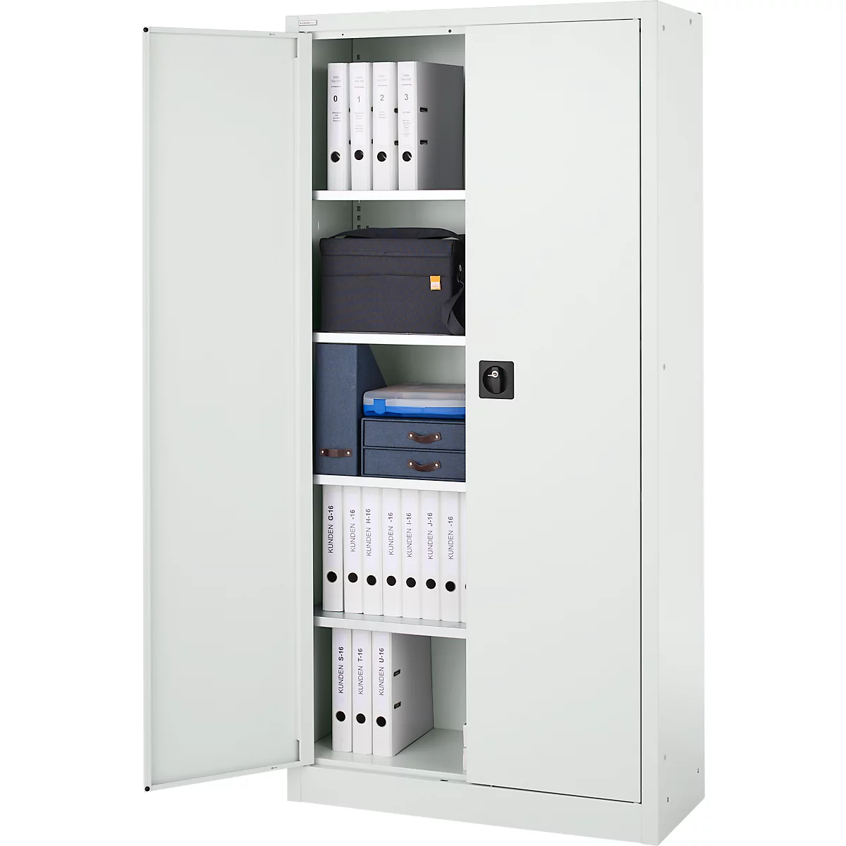Classeur gris clair avec porte ouverte. À l'intérieur de l'armoire, on peut voir des dossiers, des documents et d'autres fournitures de bureau.