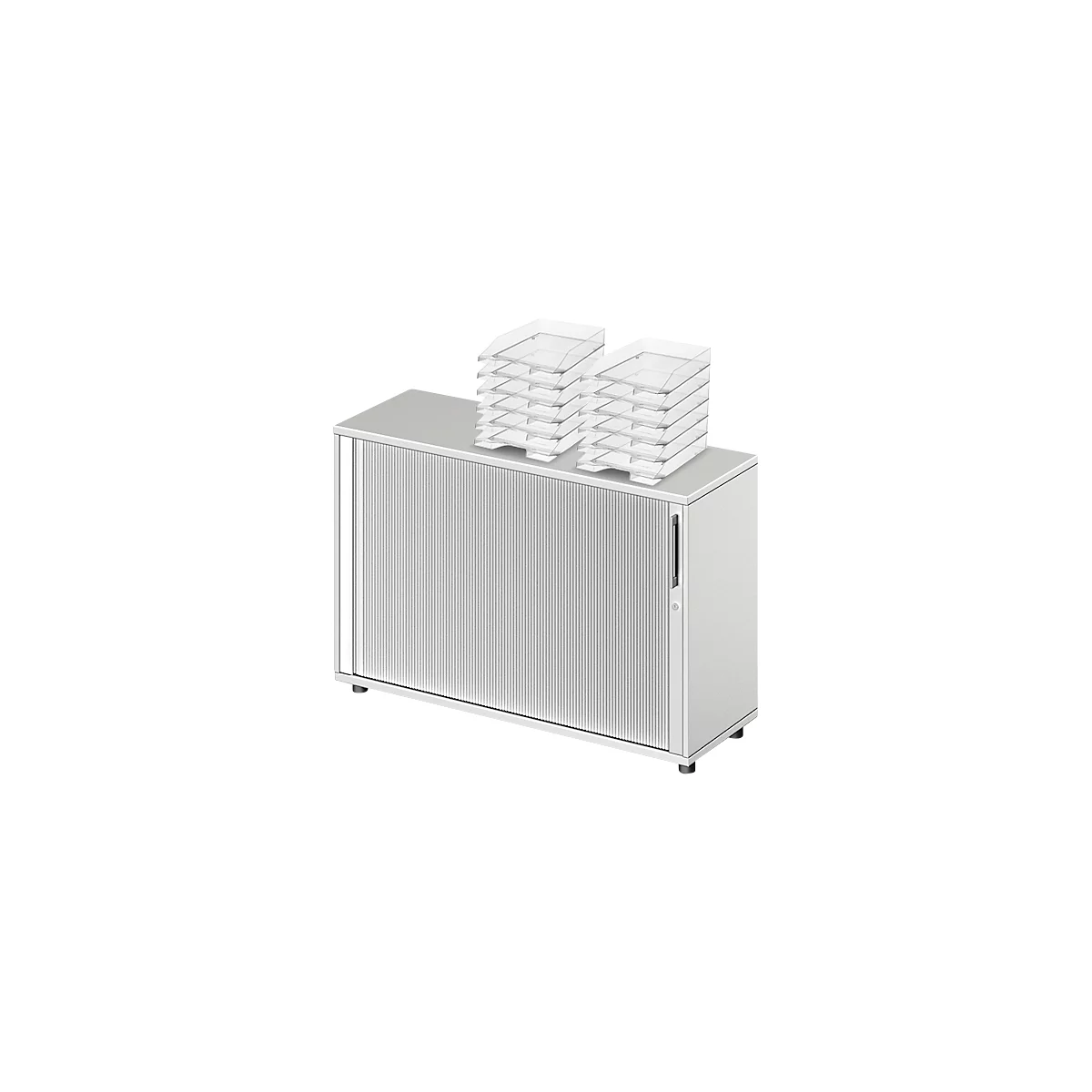 Schäfer Shop Armoire Genius à rideau transversal TETRIS WOOD, 2 HC, L 1200 mm, hauteur incl. patins, gris clair + 12 x corbeilles de rangement HAN Klassik, format C4, plastique, transparent