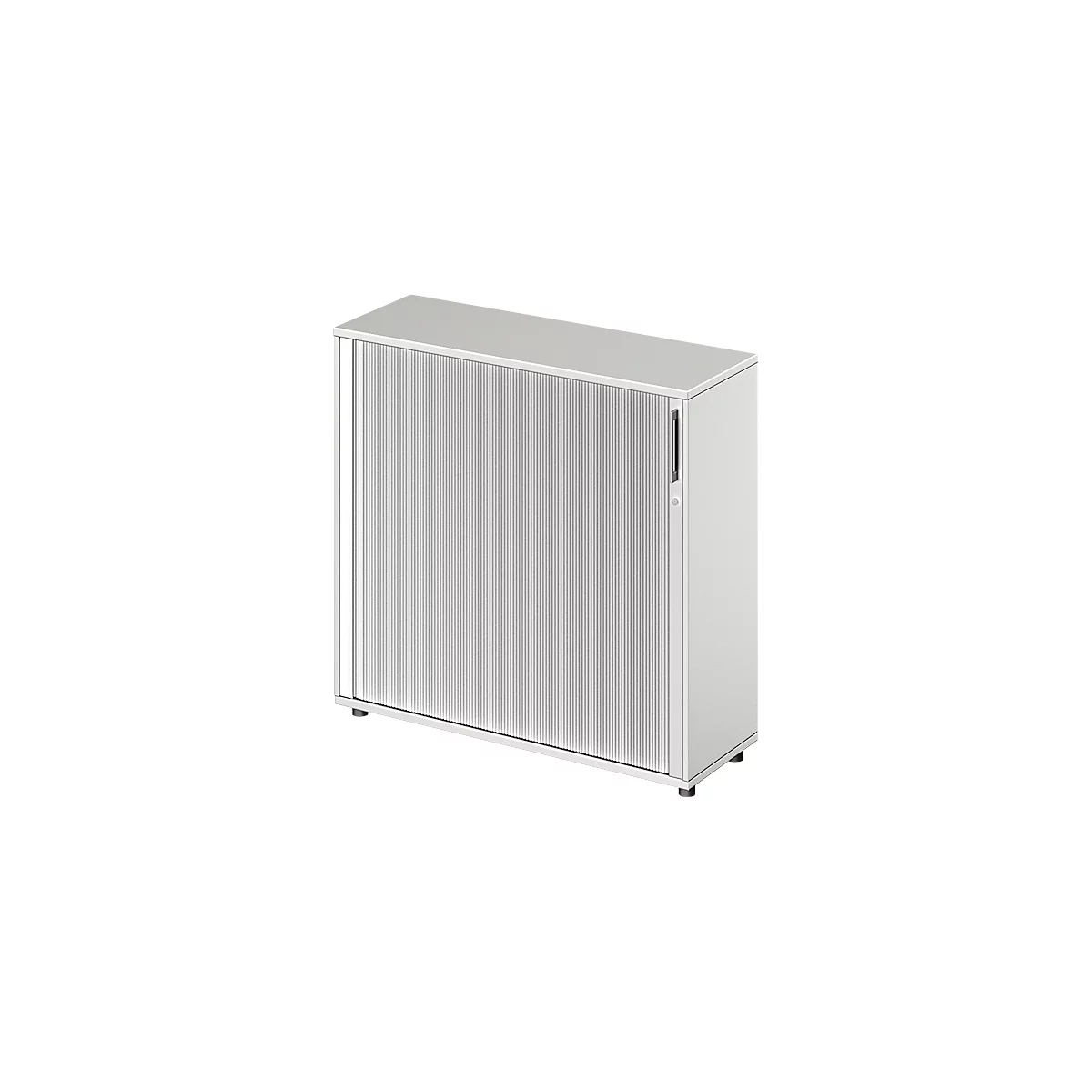 Armoire blanche avec portes coulissantes rainurées et poignée. Sur pieds.