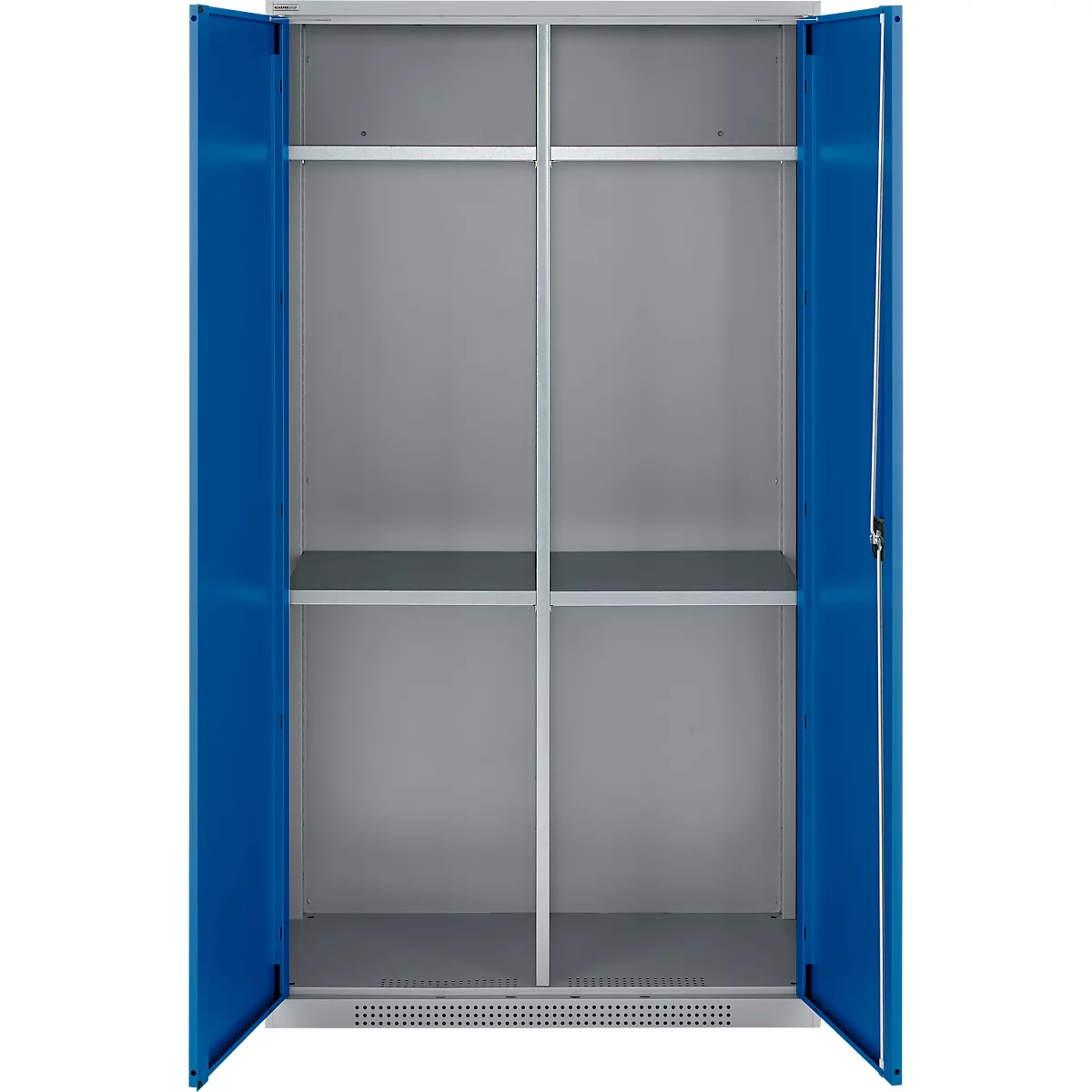 Schäfer Shop Armoire multi-usages Genius FS, modulaire, extensible individuellement, paroi médiane, 4 étagères, jusqu'à 450 kg, L 1055 x P 520 x H 1950 mm, alu blanc/bleu genièvre