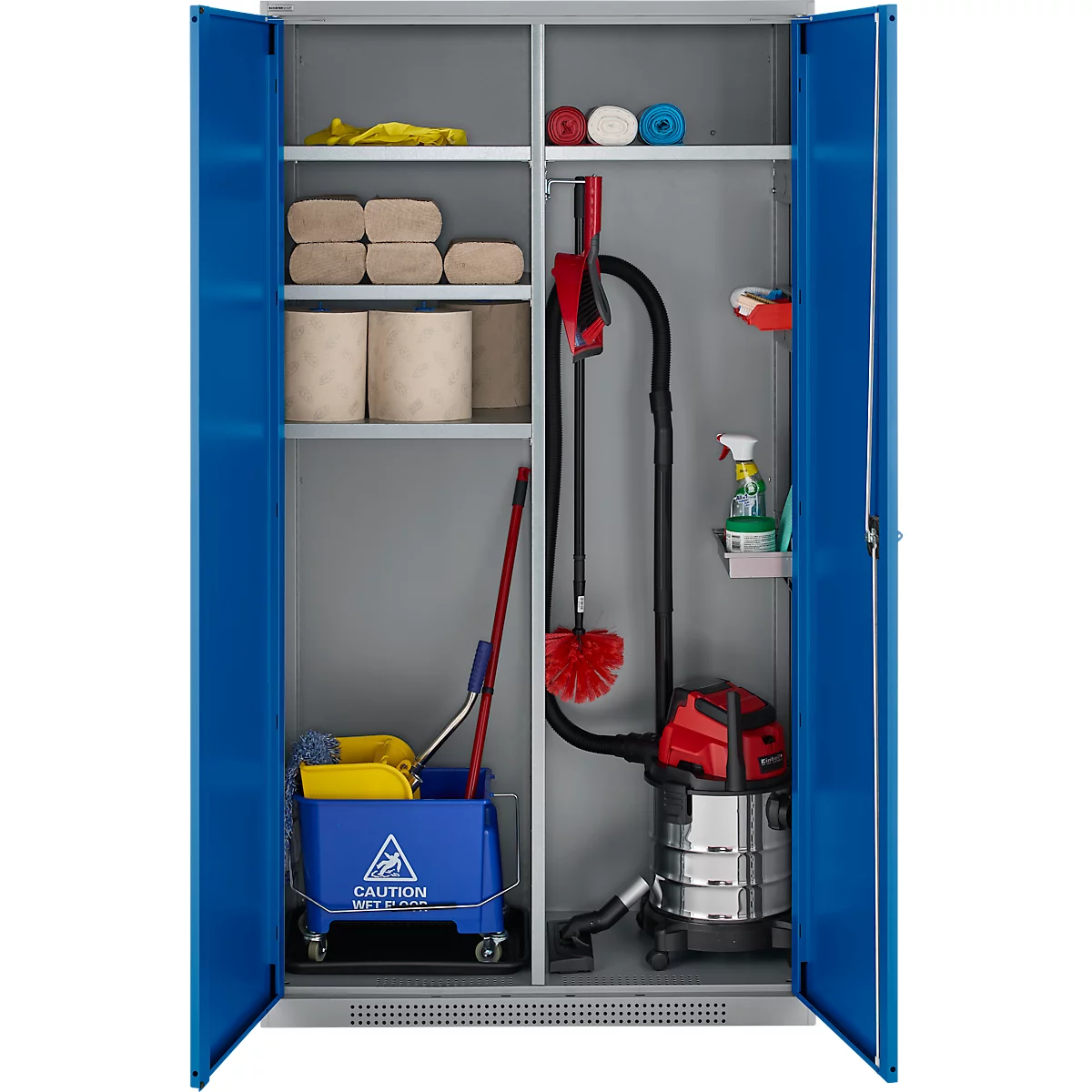 Schäfer Shop Armoire multi-usages Genius FS, modulaire, extensible individuellement, paroi médiane, 4 étagères, jusqu'à 450 kg, L 1055 x P 520 x H 1950 mm, alu blanc/bleu genièvre