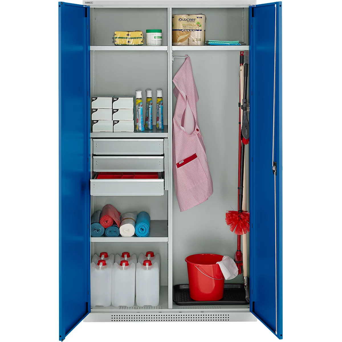 Schäfer Shop Armoire multi-usages Genius FS, modulaire, extensible individuellement, paroi médiane, 4 étagères, jusqu'à 450 kg, L 1055 x P 520 x H 1950 mm, gris clair/bleu gentiane