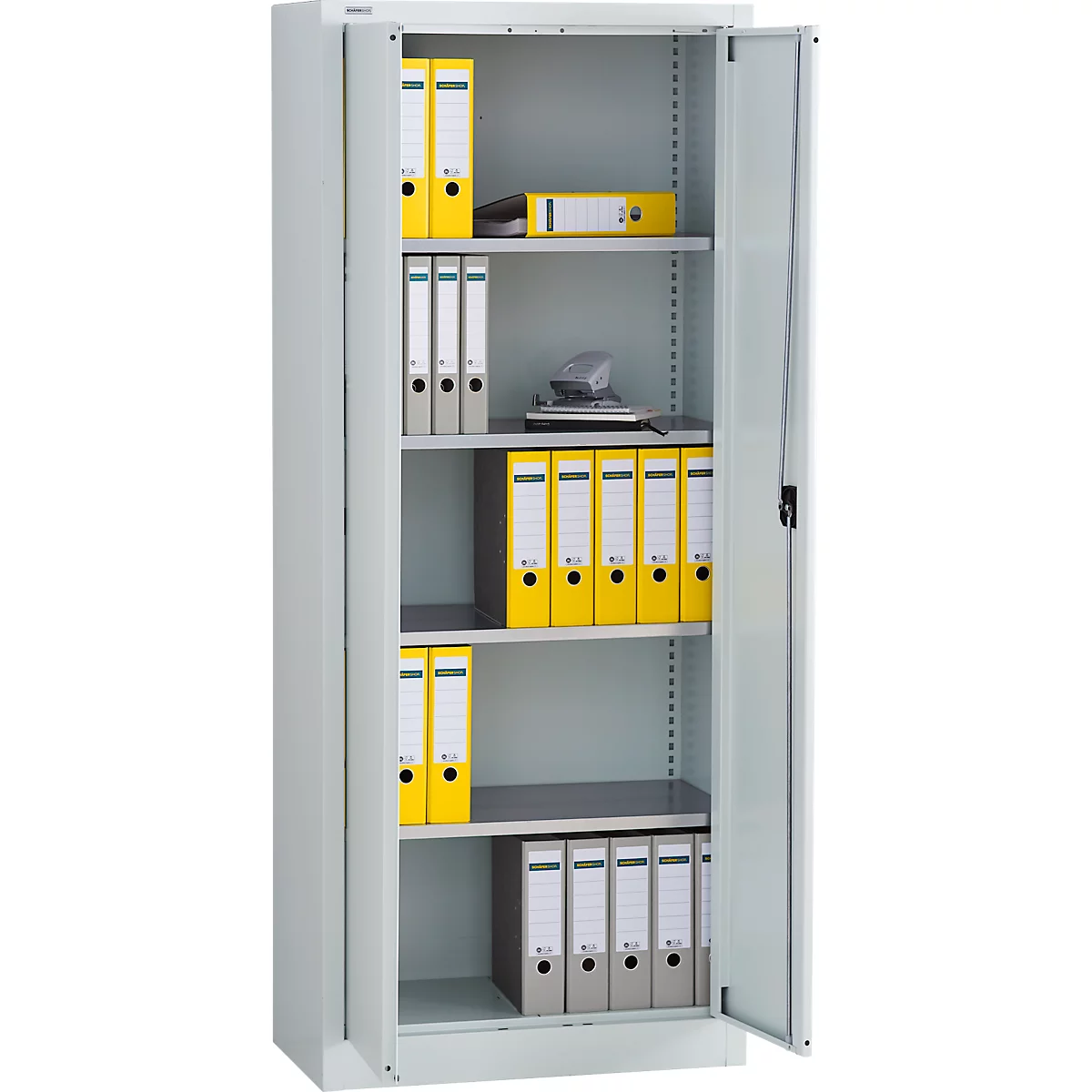 Classeur gris aux portes ouvertes rempli de dossiers jaunes et gris.