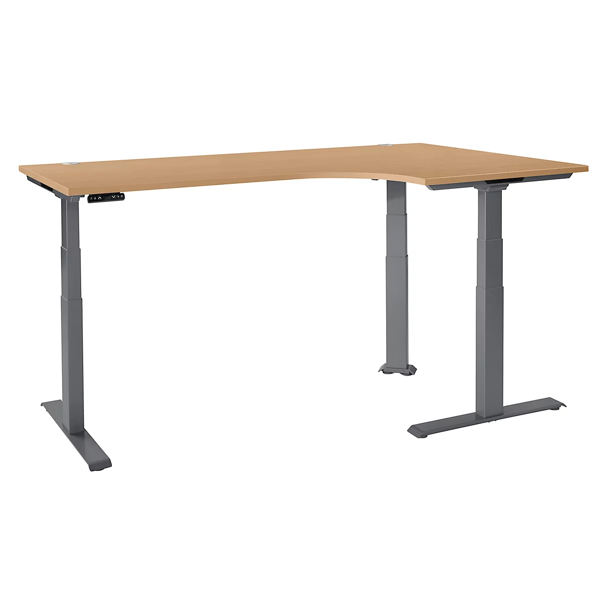 Schäfer Shop Bureau d'angle Genius Modena Flex, réglage électrique de la hauteur, angle 90°, pied en T, L 2000 mm, hêtre/anthracite
