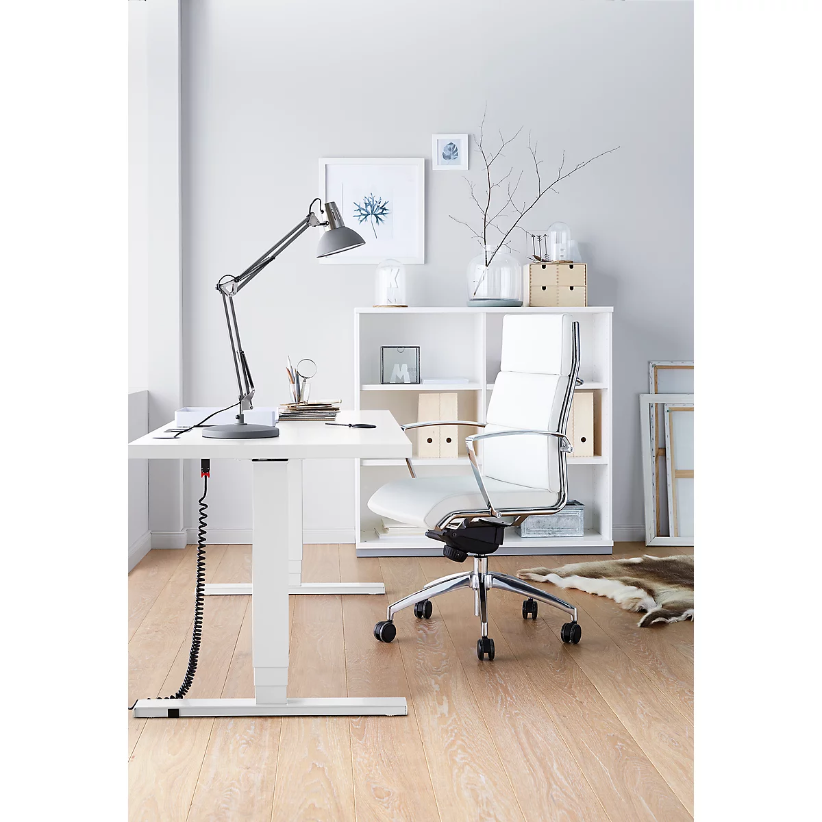 Schäfer Shop Bureau Genius Elements, réglable en hauteur électriquement, rectangulaire, pied en T, L 1600 x P 800 x H 645-1300 mm, blanc + encastrement technique