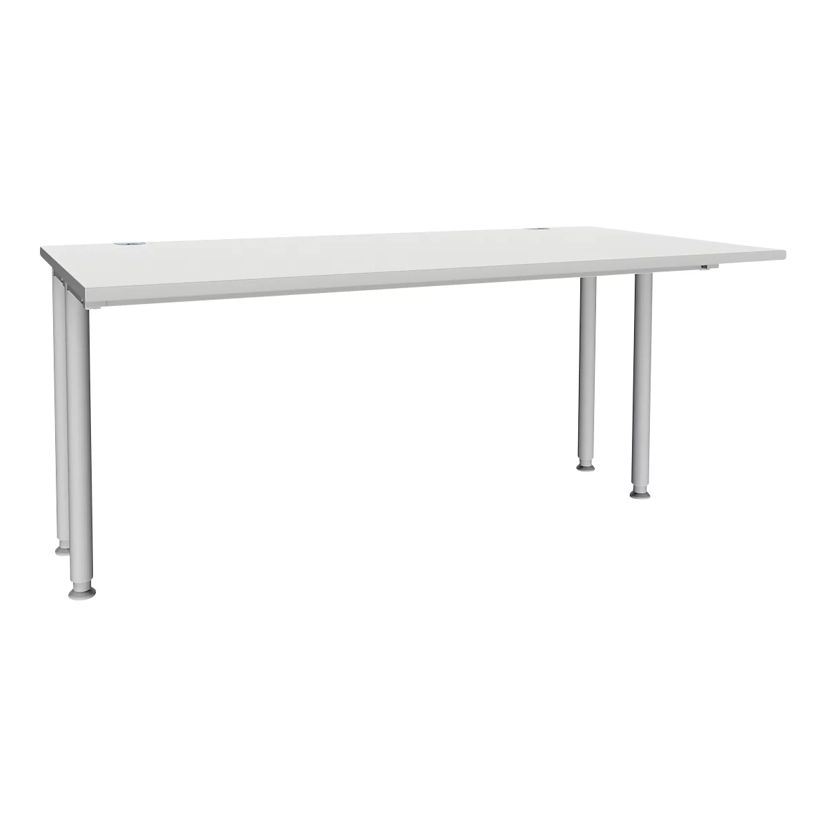 Bureau blanc avec quatre pieds en métal, plateau rectangulaire.