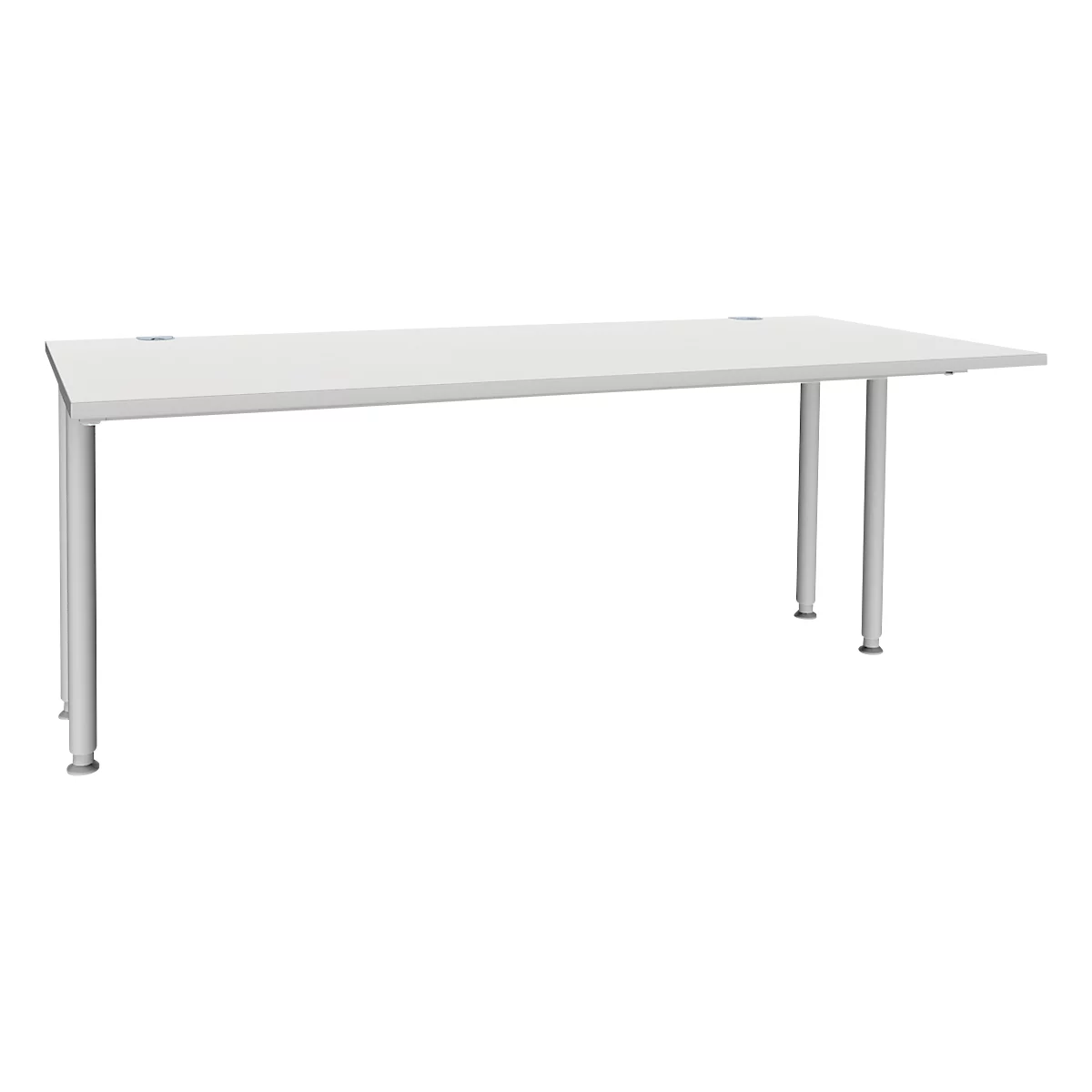 Bureau blanc à quatre pieds. Le plateau est rectangulaire, les pieds cylindriques.