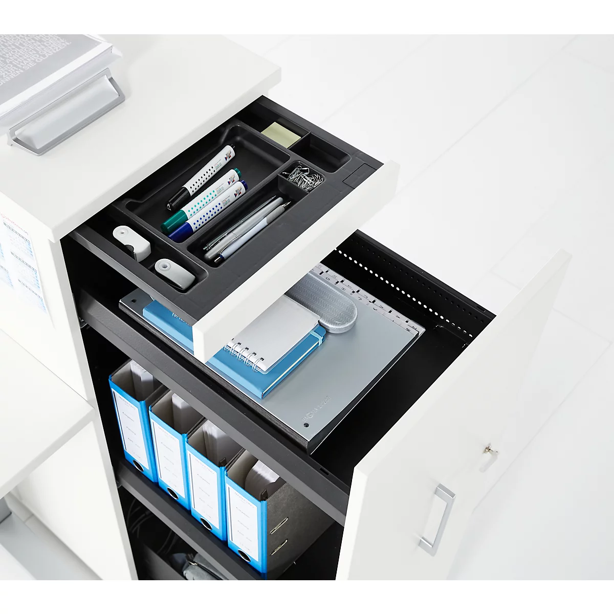 Schäfer Shop Caisson haut Genius TETRIS WOOD, 3 tiroirs + 1 tiroir à ustensiles, L 424 x P 803 x H 1296 mm, blanc