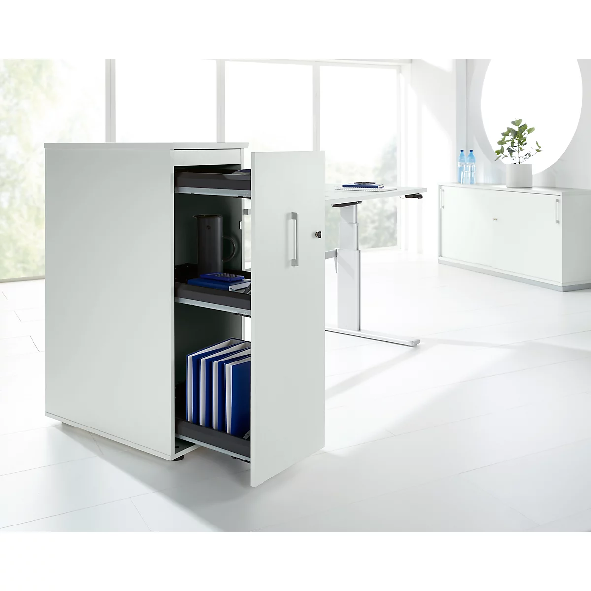 Schäfer Shop Caisson haut Genius TETRIS WOOD, 3 tiroirs + 1 tiroir à ustensiles, L 424 x P 803 x H 1296 mm, gris clair