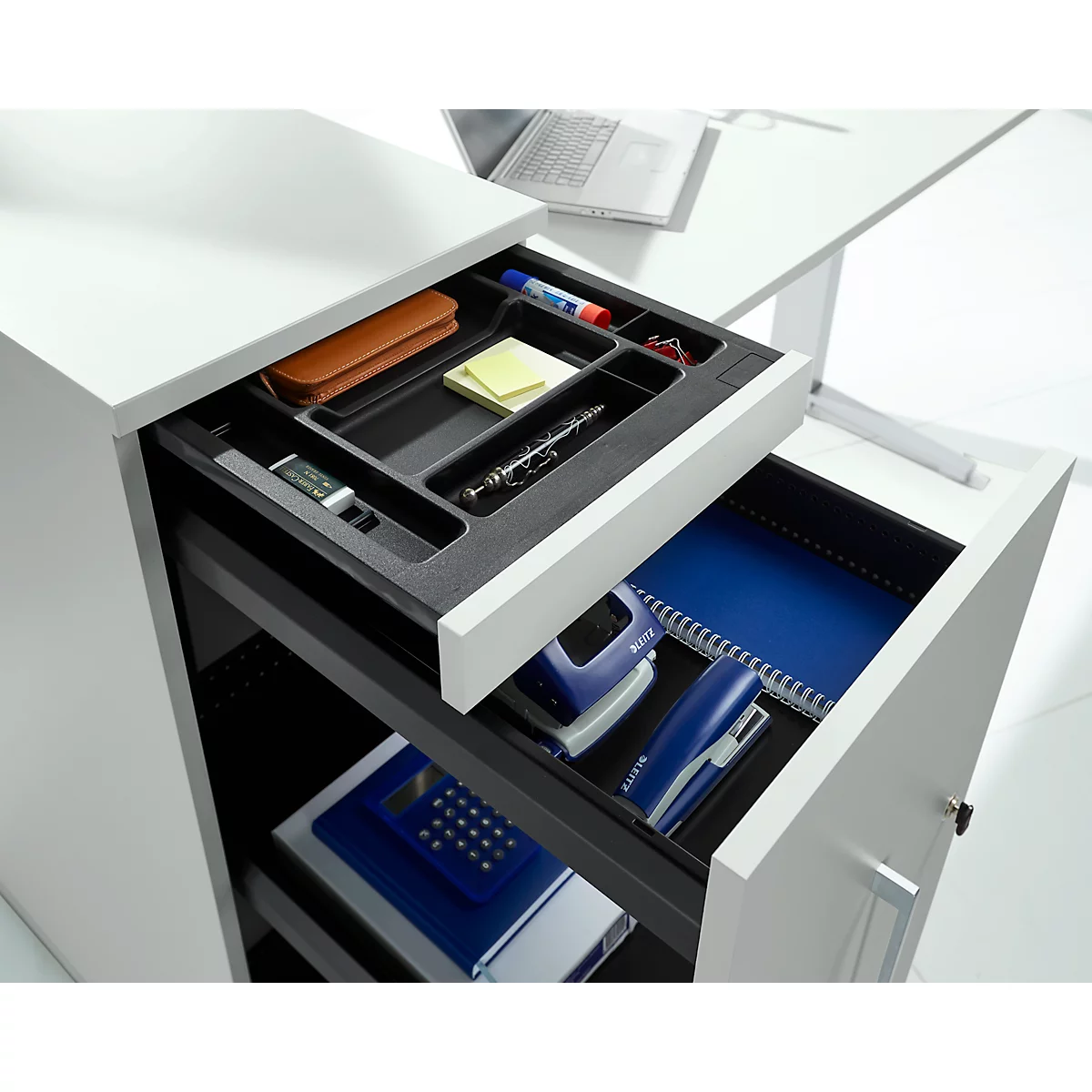 Schäfer Shop Caisson haut Genius TETRIS WOOD, 3 tiroirs + 1 tiroir à ustensiles, L 424 x P 803 x H 1296 mm, gris clair