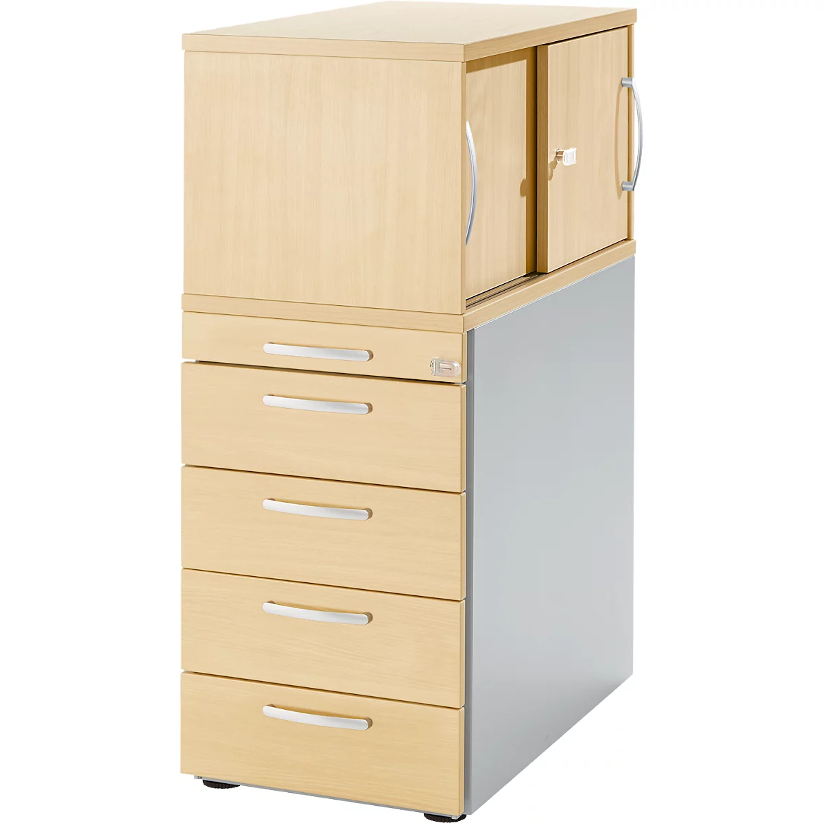 Schäfer Shop Caisson sur pied Genius avec armoire à poser, porte coulissante incluse, entièrement verrouillable, poignée ronde, érable