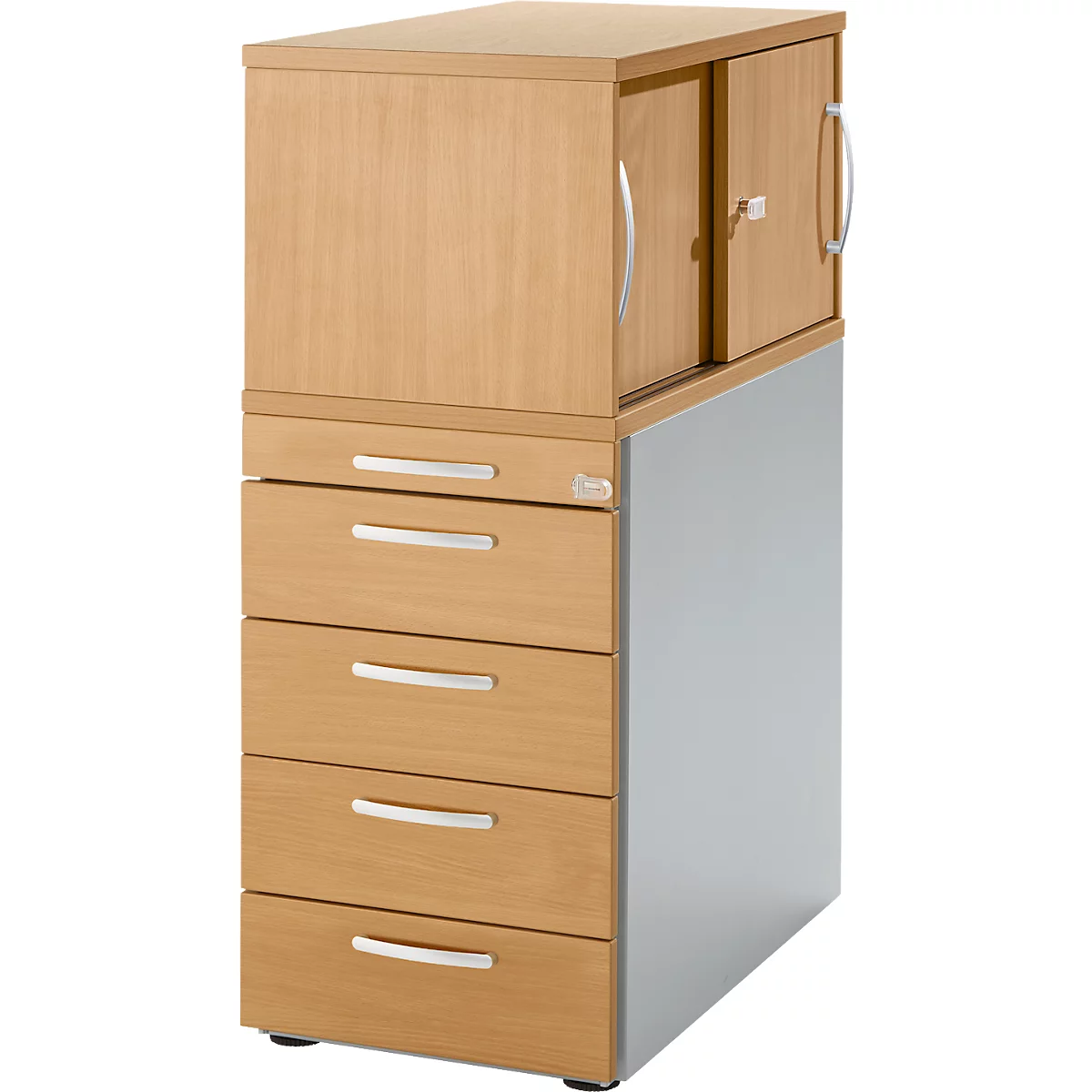 Schäfer Shop Caisson sur pied Genius avec armoire à poser, porte coulissante incluse, entièrement verrouillable, poignée ronde, hêtre