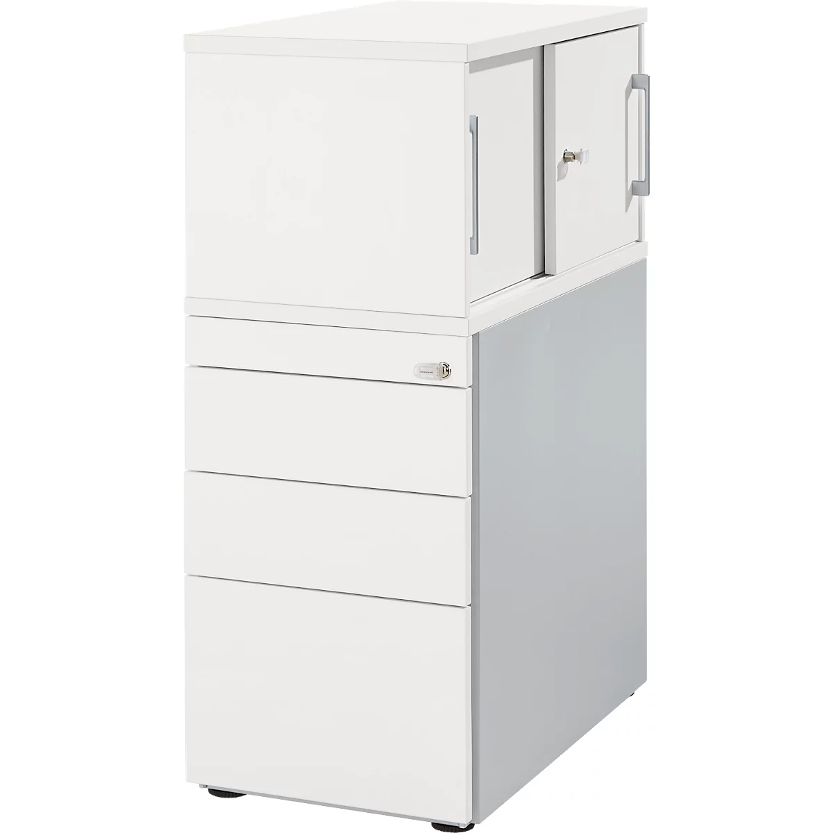 Schäfer Shop Caisson sur pied Genius avec armoire à poser, y compris porte coulissante, entièrement verrouillable, rainure de poignée latérale, blanc