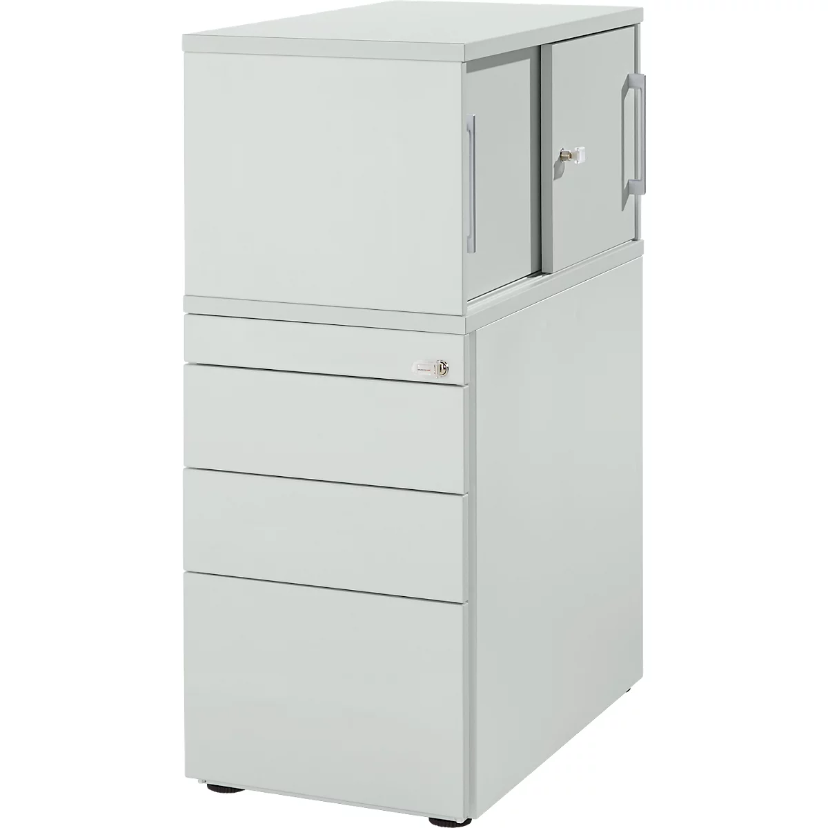 Schäfer Shop Caisson sur pied Genius avec armoire à poser, y compris porte coulissante, entièrement verrouillable, rainure de poignée latérale, gris clair
