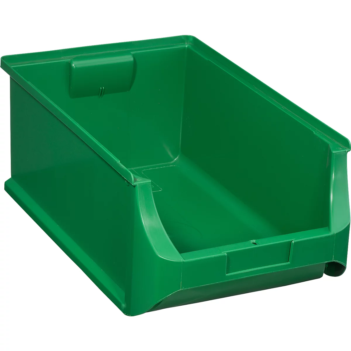 Un contenedor de almacenamiento de plástico verde vacío con frente abierto para un fácil acceso.