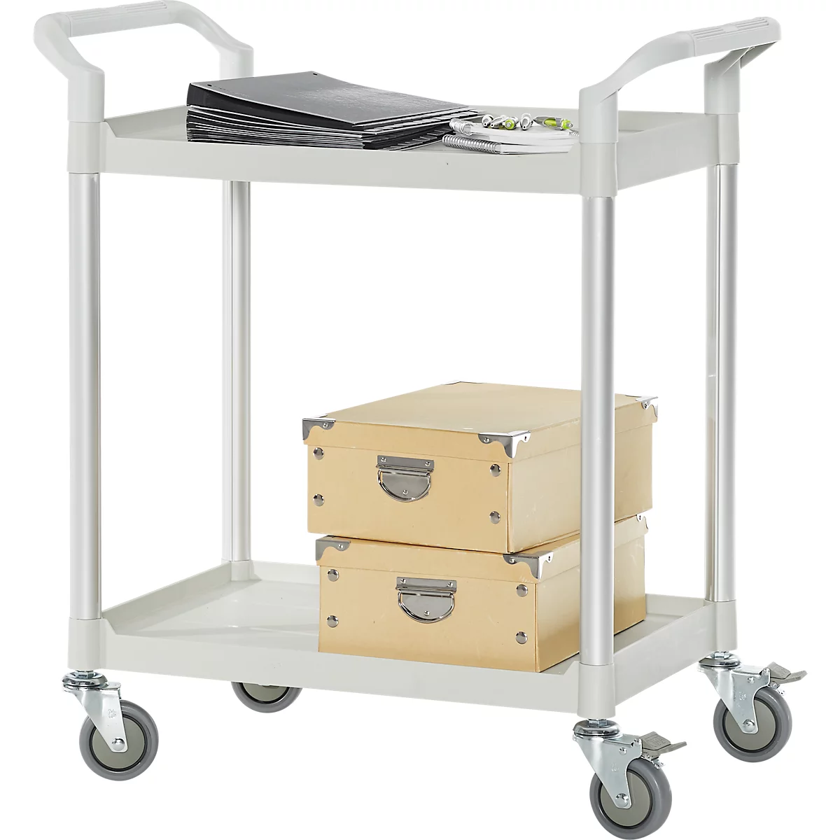 Schäfer Shop Carro de mesa Pure, 2 estantes, hasta 200 kg, 2 asas de empuje, ruedas giratorias, aluminio y plástico, L 850 x A 480 x A 950 mm, estantes gris claro