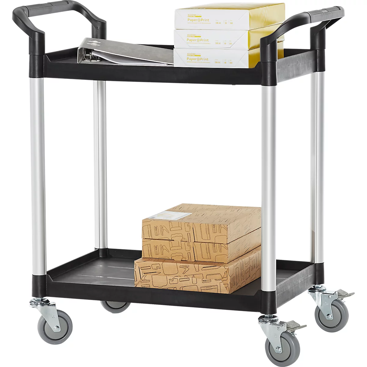 Schäfer Shop Carro de mesa Pure, 2 estantes, hasta 200 kg, 2 asas de empuje, ruedas giratorias, aluminio y plástico, L 850 x A 480 x A 950 mm, estantes negros