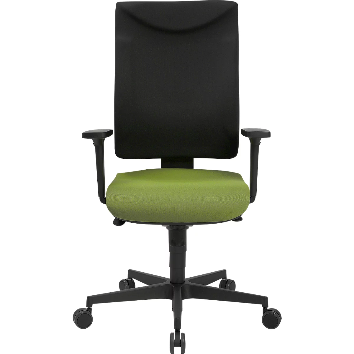 Chaise de bureau avec dossier et accoudoirs noirs, assise verte et base noire avec roulettes.