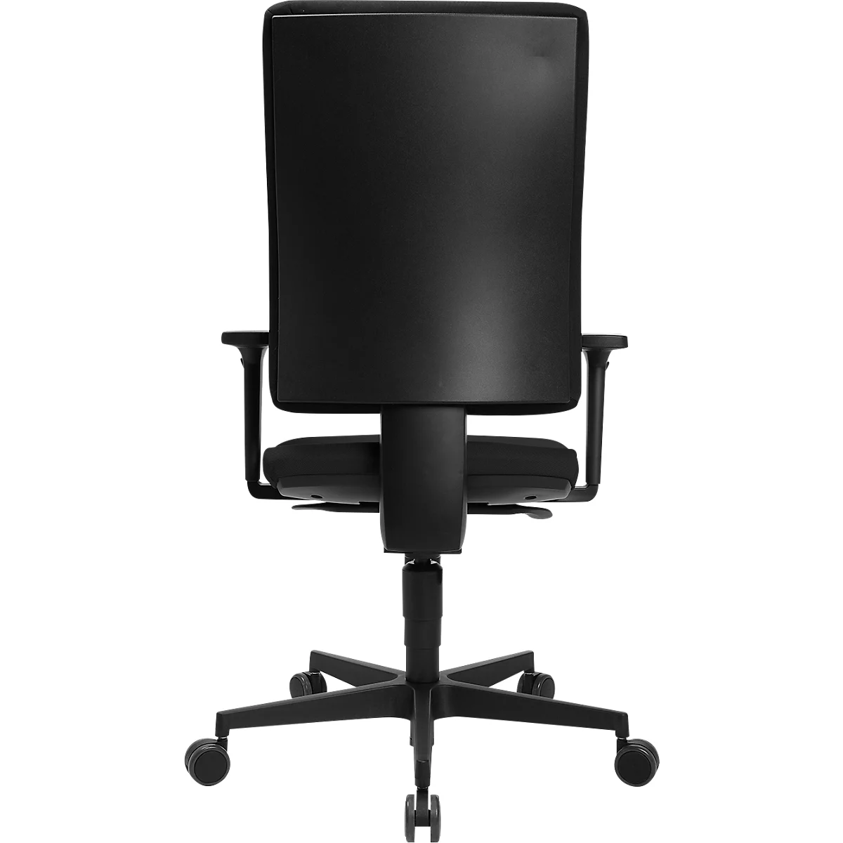 Chaise de bureau noire, vue arrière. Haut dossier, accoudoirs et roulettes.