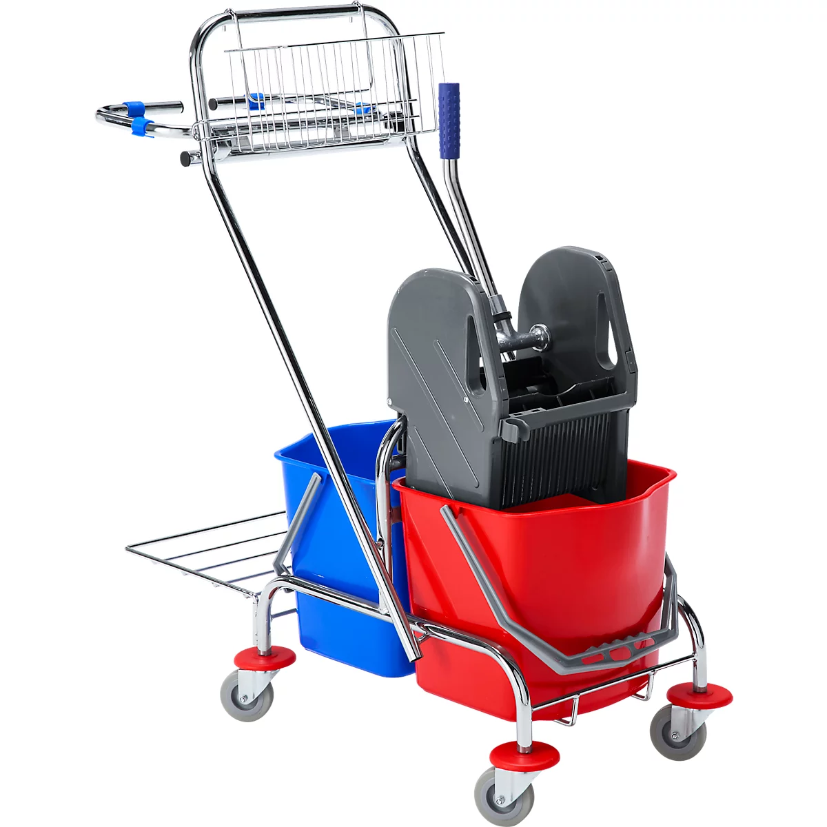 Chariot de nettoyage avec deux seaux, un essoreur et des accessoires.