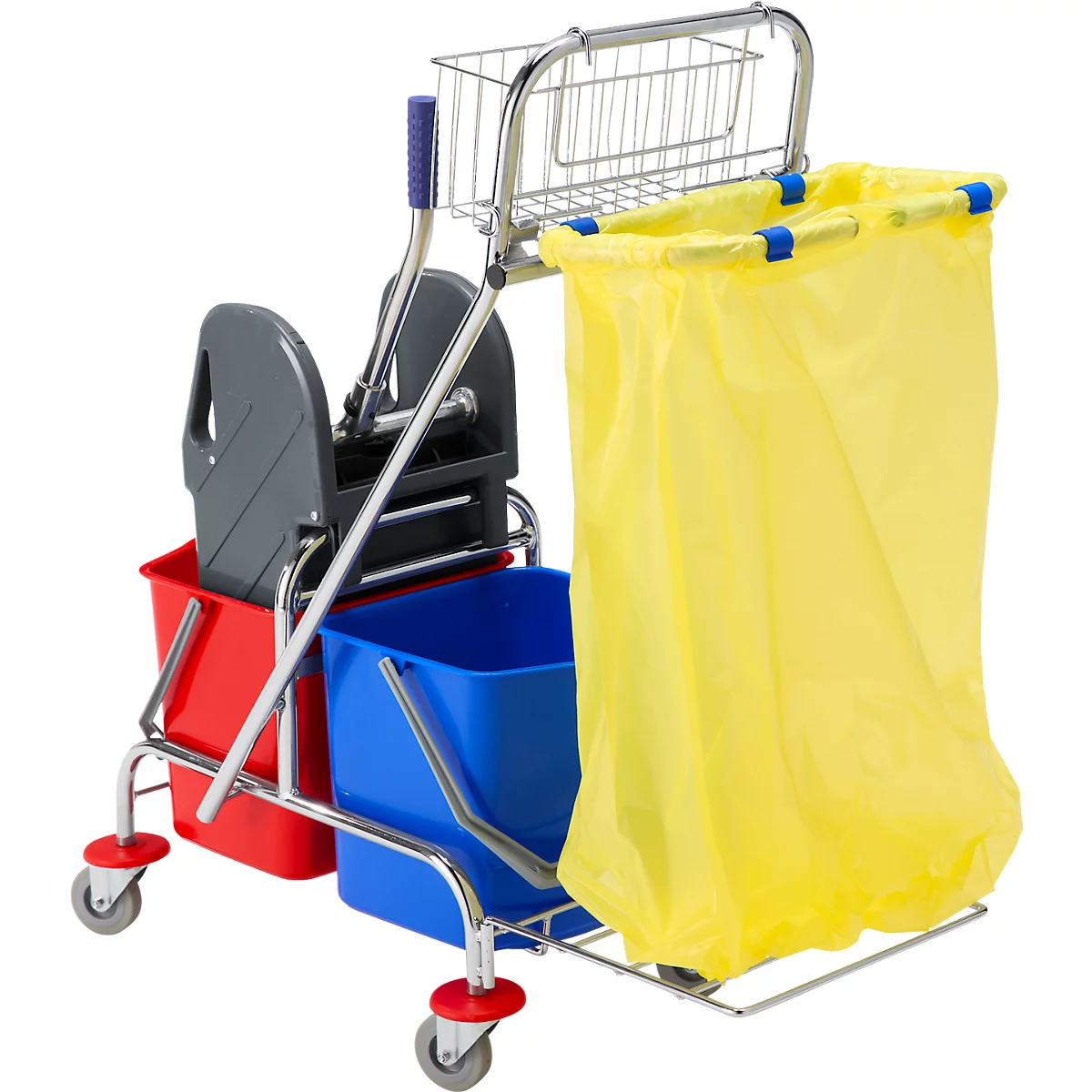 Un chariot de nettoyage avec seau à vadrouille, sac poubelle et panier de rangement sur roues.
