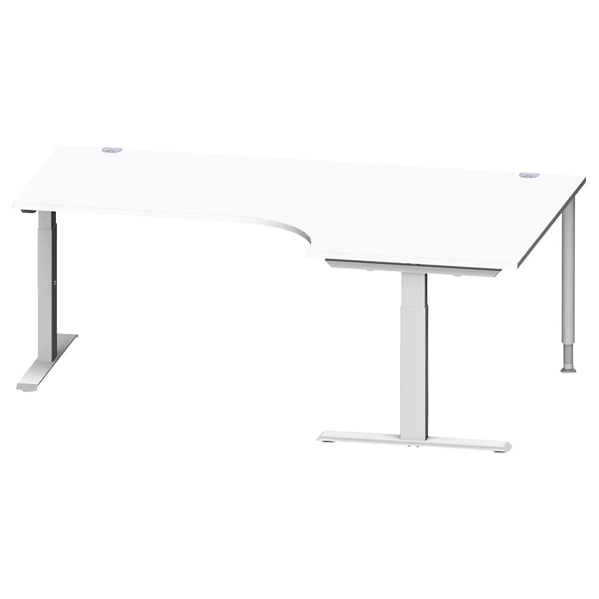 Schäfer Shop Escritorio angular Genius MODENA FLEX, ángulo de 90° a la derecha, tubo rectangular con pie en T, An 2000 x Pr 1200/800 x Al 650-850 mm, aluminio blanco/blanco