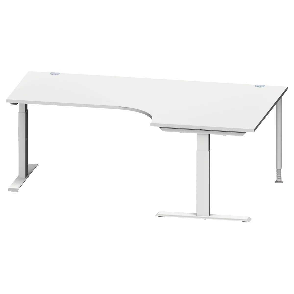 Schäfer Shop Escritorio angular Genius MODENA FLEX, ángulo de 90° a la derecha, tubo rectangular con pie en T, An 2000 x Pr 1200/800 x Al 650-850 mm, aluminio gris claro/blanco