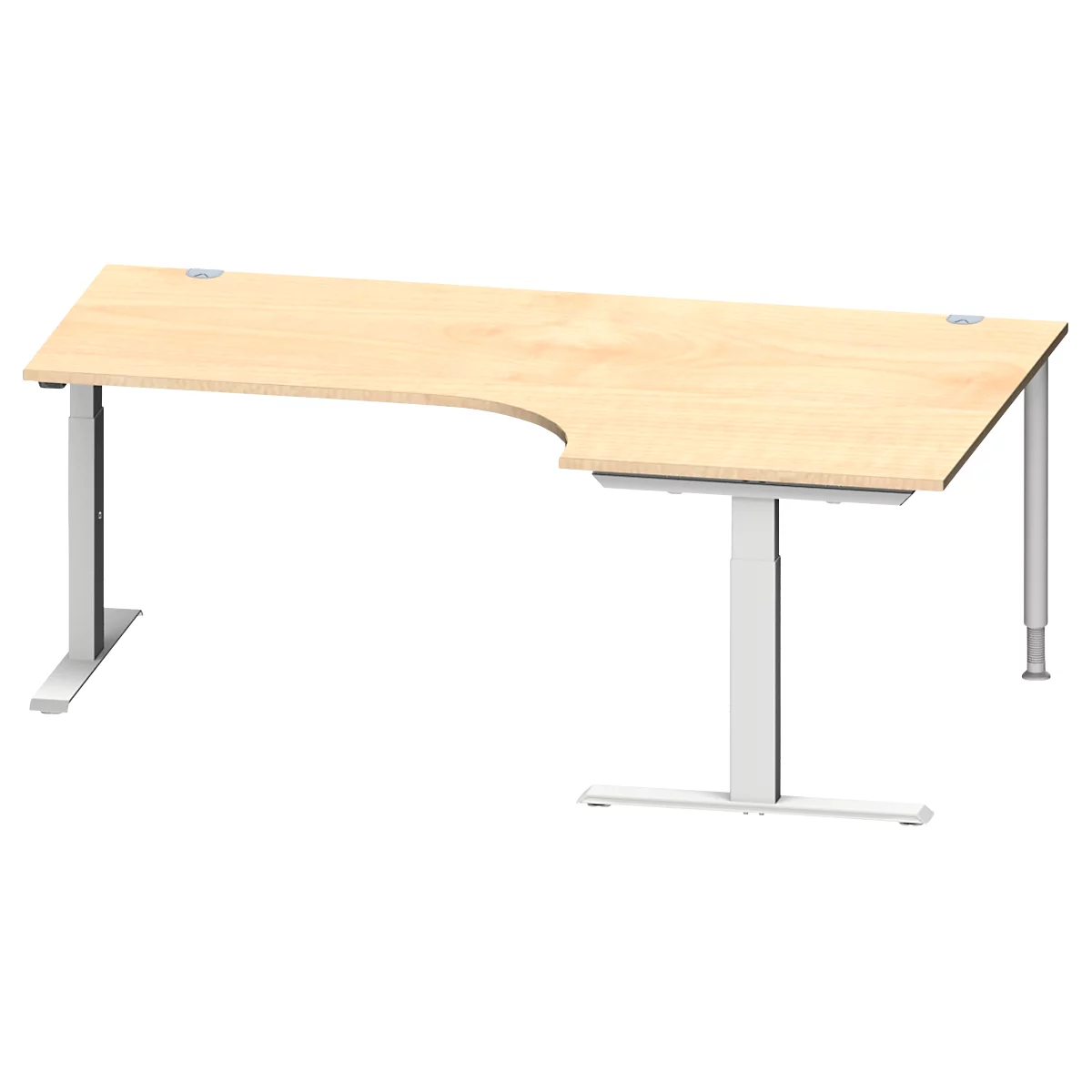 Schäfer Shop Escritorio angular Genius MODENA FLEX, ángulo de 90° a la derecha, tubo rectangular con pie en T, An 2000 x Pr 1200/800 x Al 650-850 mm, arce/alu blanco