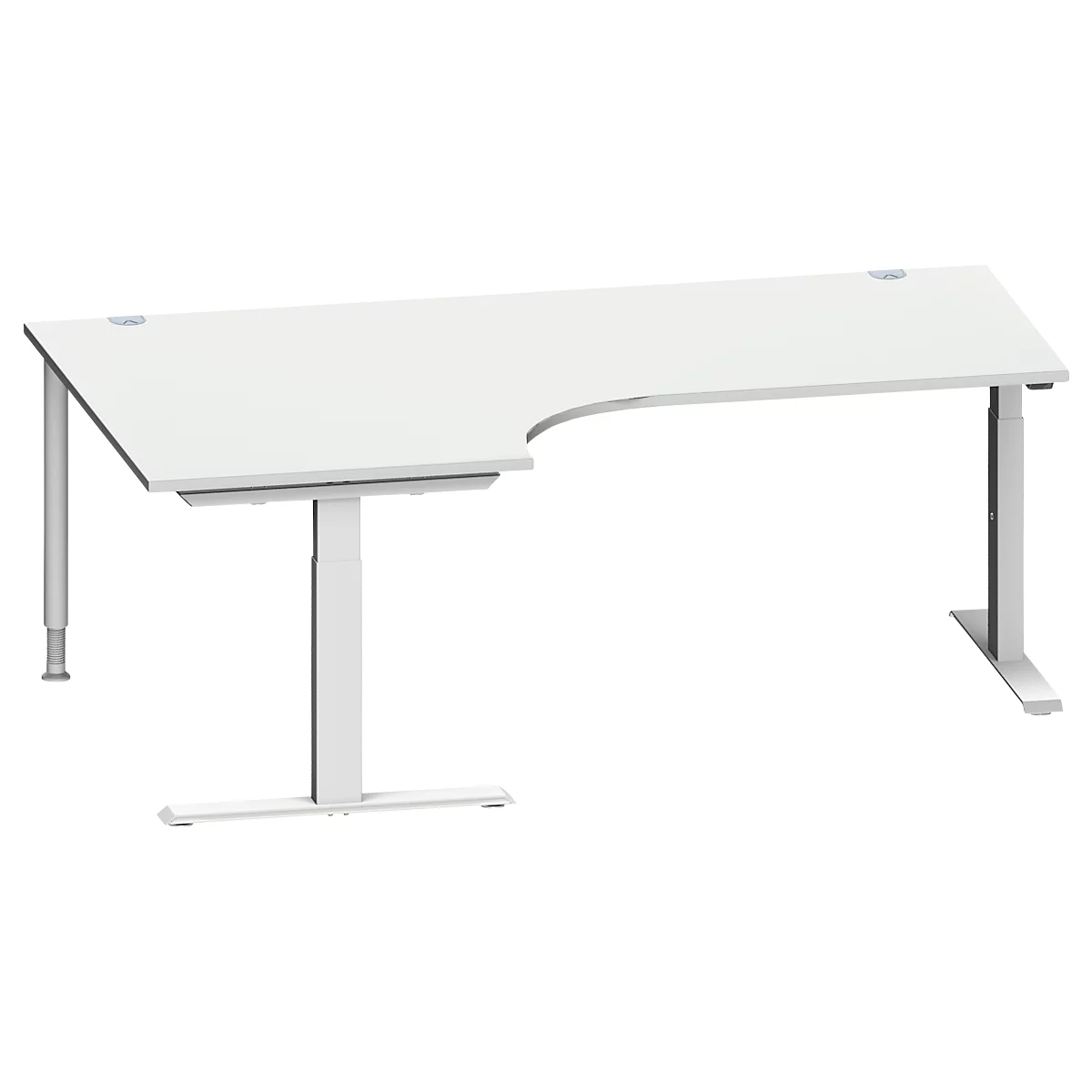 Schäfer Shop Escritorio angular Genius MODENA FLEX, ángulo de 90° a la izquierda, tubo rectangular con pie en T, An 2000 x Pr 1200/800 x Al 650-850 mm, aluminio gris claro/blanco