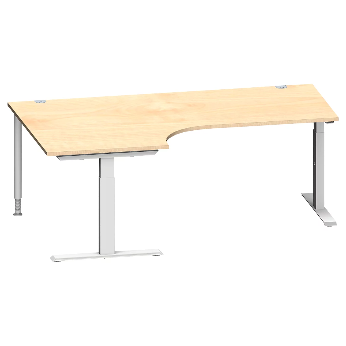 Schäfer Shop Escritorio angular Genius MODENA FLEX, ángulo de 90° a la izquierda, tubo rectangular con pie en T, An 2000 x Pr 1200/800 x Al 650-850 mm, arce/alu blanco